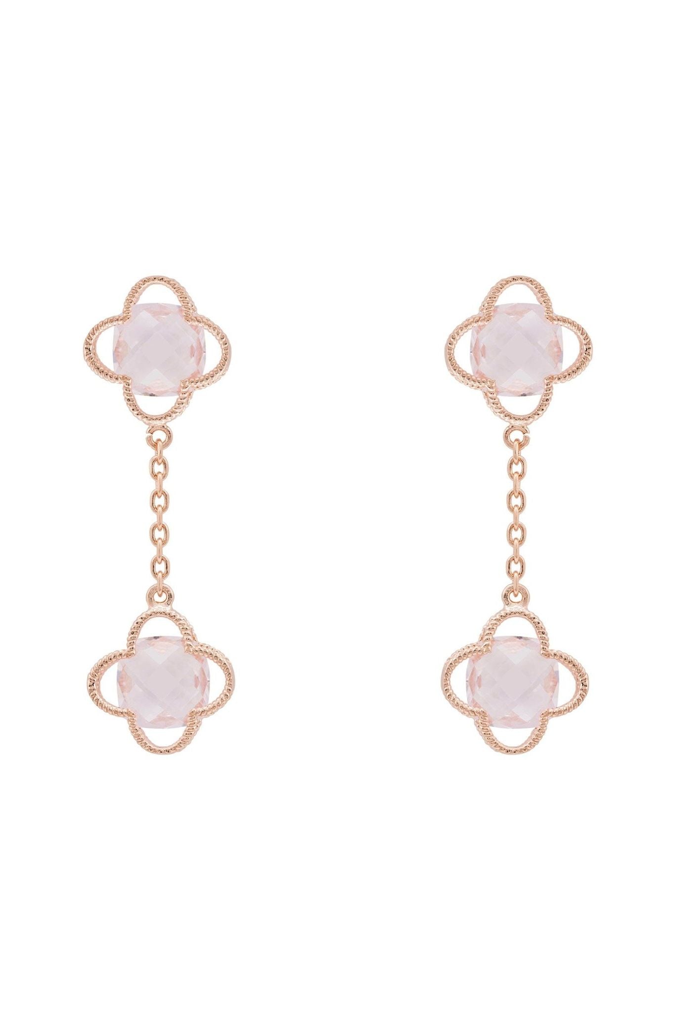 Open Clover Double Drop Earrings Rosegold Rose Quartz - LATELITA Earrings