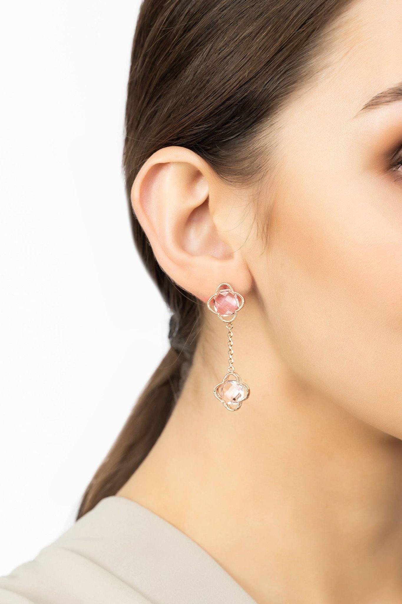 Open Clover Double Drop Earrings Rosegold Rose Quartz - LATELITA Earrings