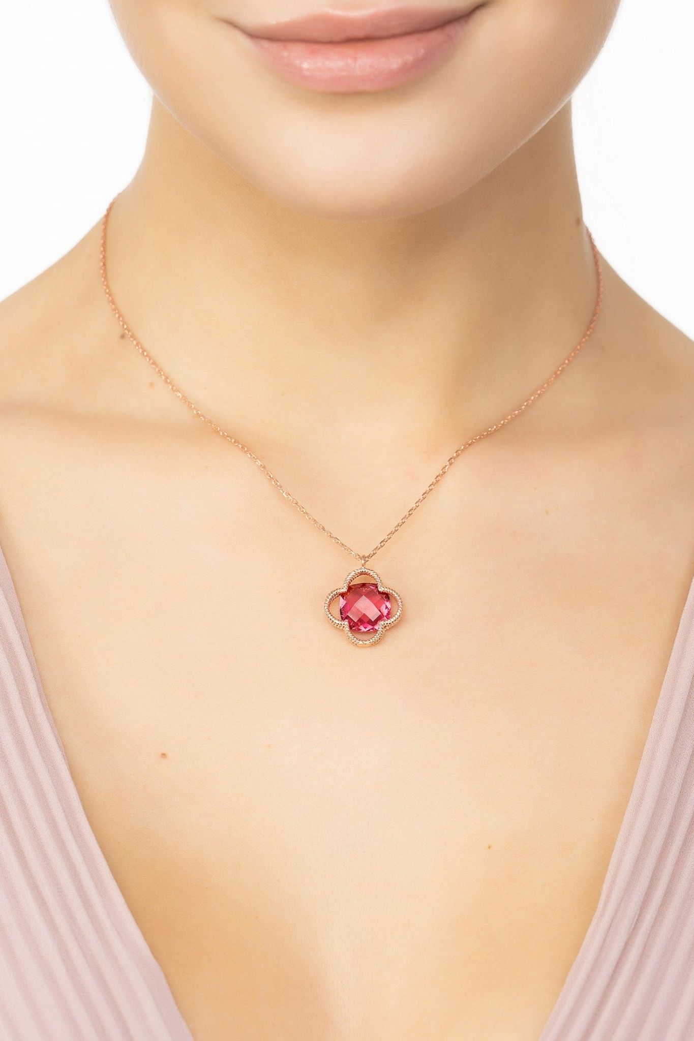 Open Clover Flower Gemstone Necklace Rosegold Pink Tourmaline - LATELITA Necklaces