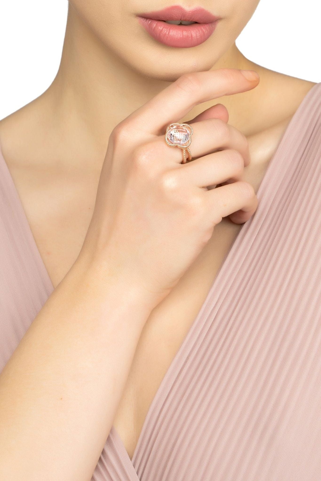 Open Clover Gemstone Cocktail Ring Rosegold Rose Quartz - LATELITA Rings