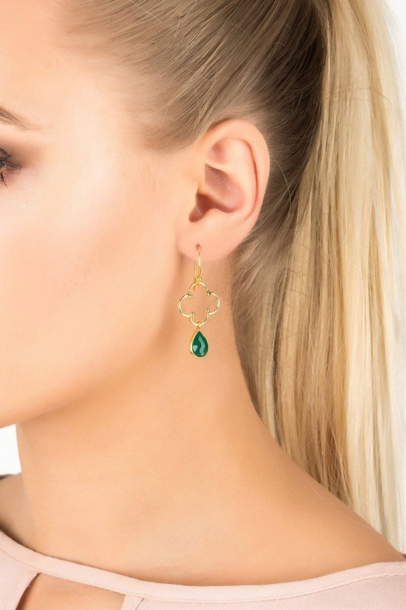 Open Clover Gemstone Drop Earrings Gold Green Onyx - LATELITA Earrings