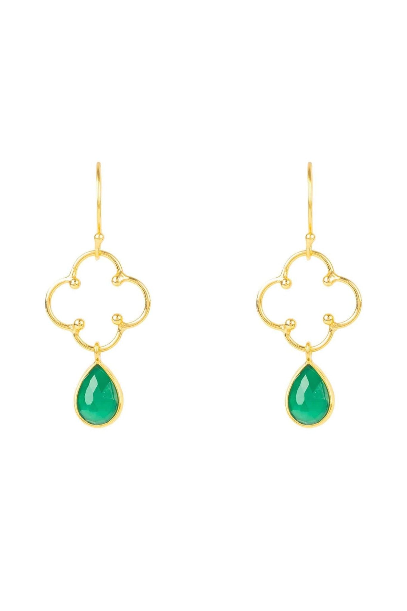 Open Clover Gemstone Drop Earrings Gold Green Onyx - LATELITA Earrings