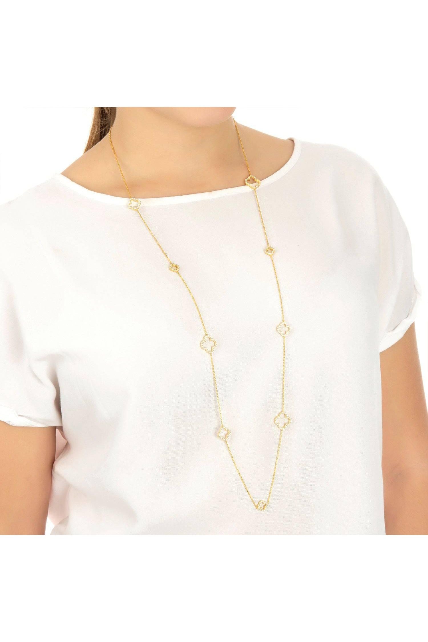 Open Clover Long White Cz Necklace Gold - LATELITA Necklaces