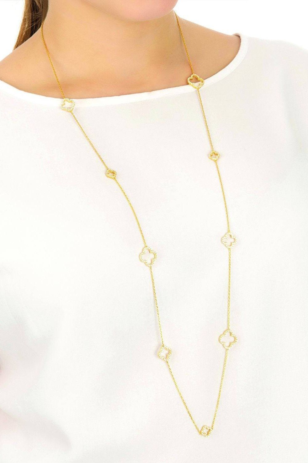 Open Clover Long White Cz Necklace Rosegold - LATELITA Necklaces