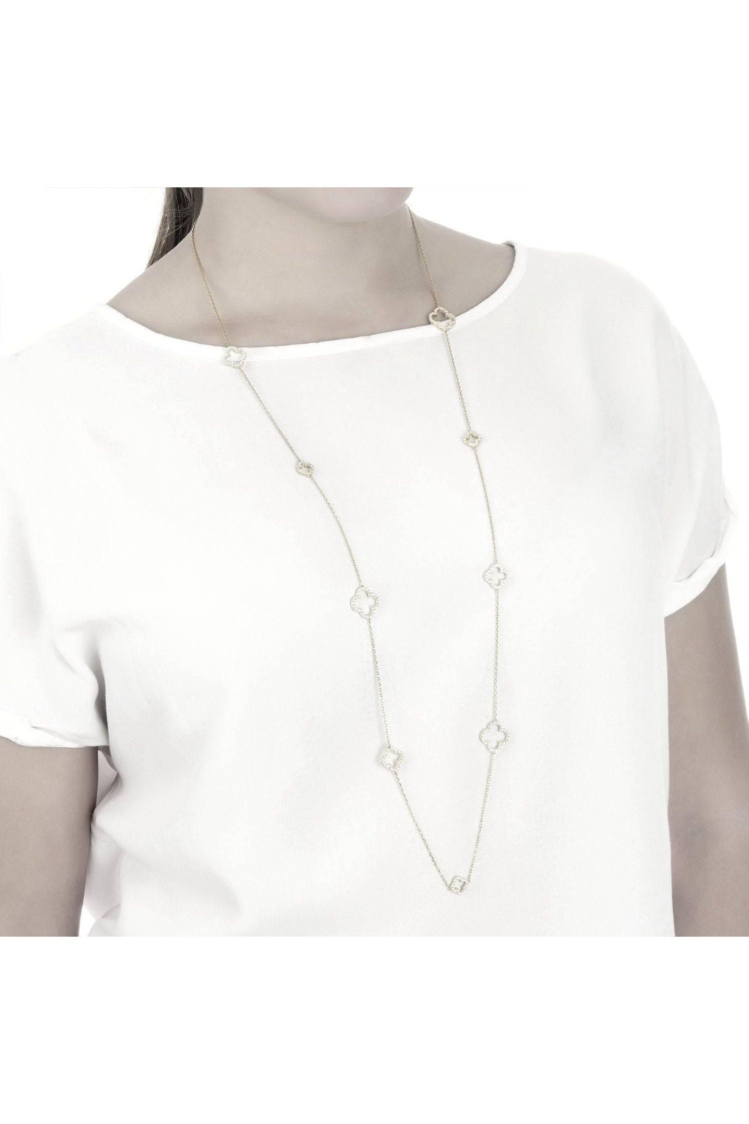 Open Clover Long White Cz Necklace Silver - LATELITA Necklaces