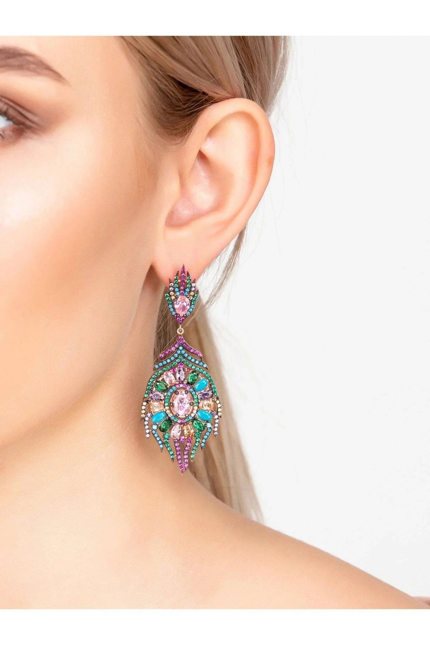 Peacock Colourful Feather Gemstone Earrings Rose Gold - LATELITA Earrings