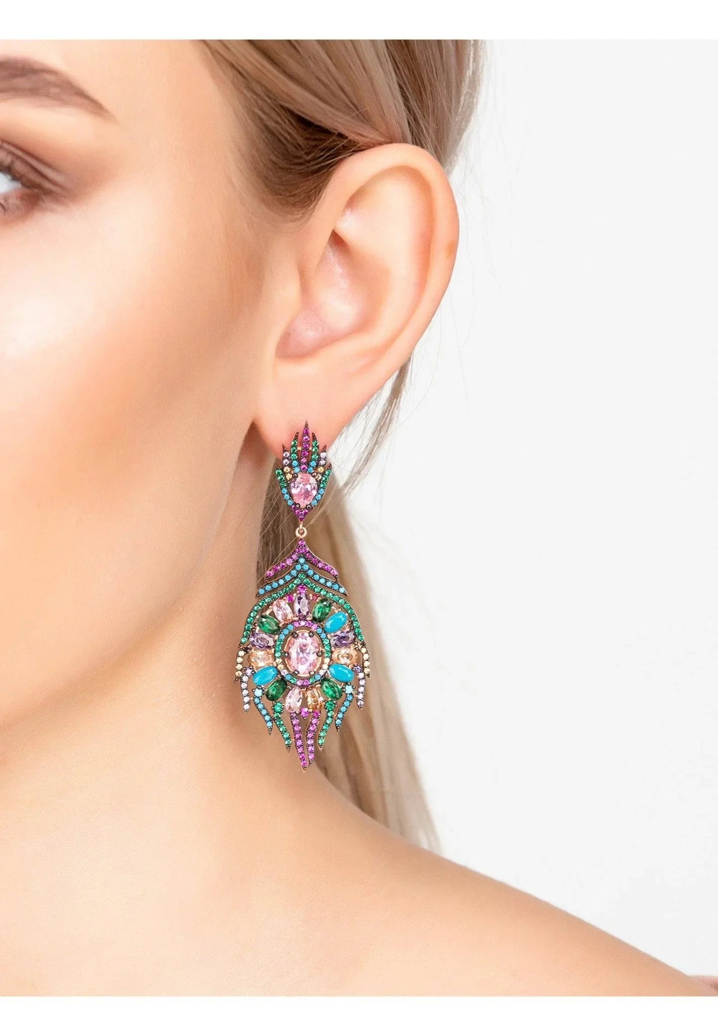 Peacock Colourful Feather Gemstone Earrings Rose Gold - LATELITA Earrings