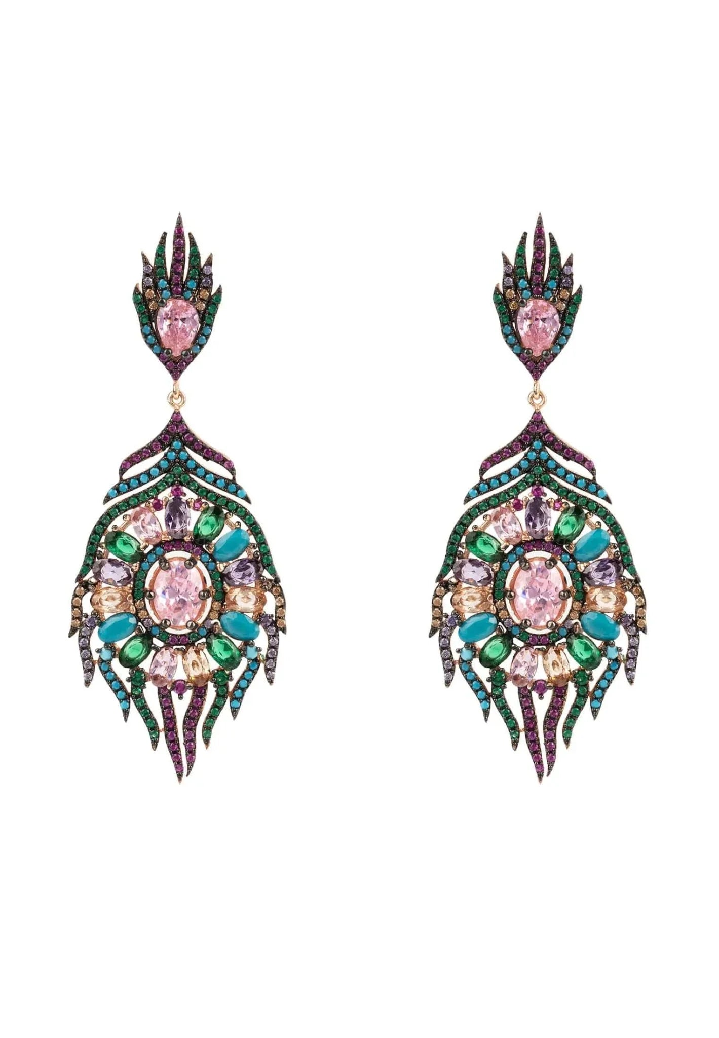 Peacock Colourful Feather Gemstone Earrings Rose Gold - LATELITA Earrings