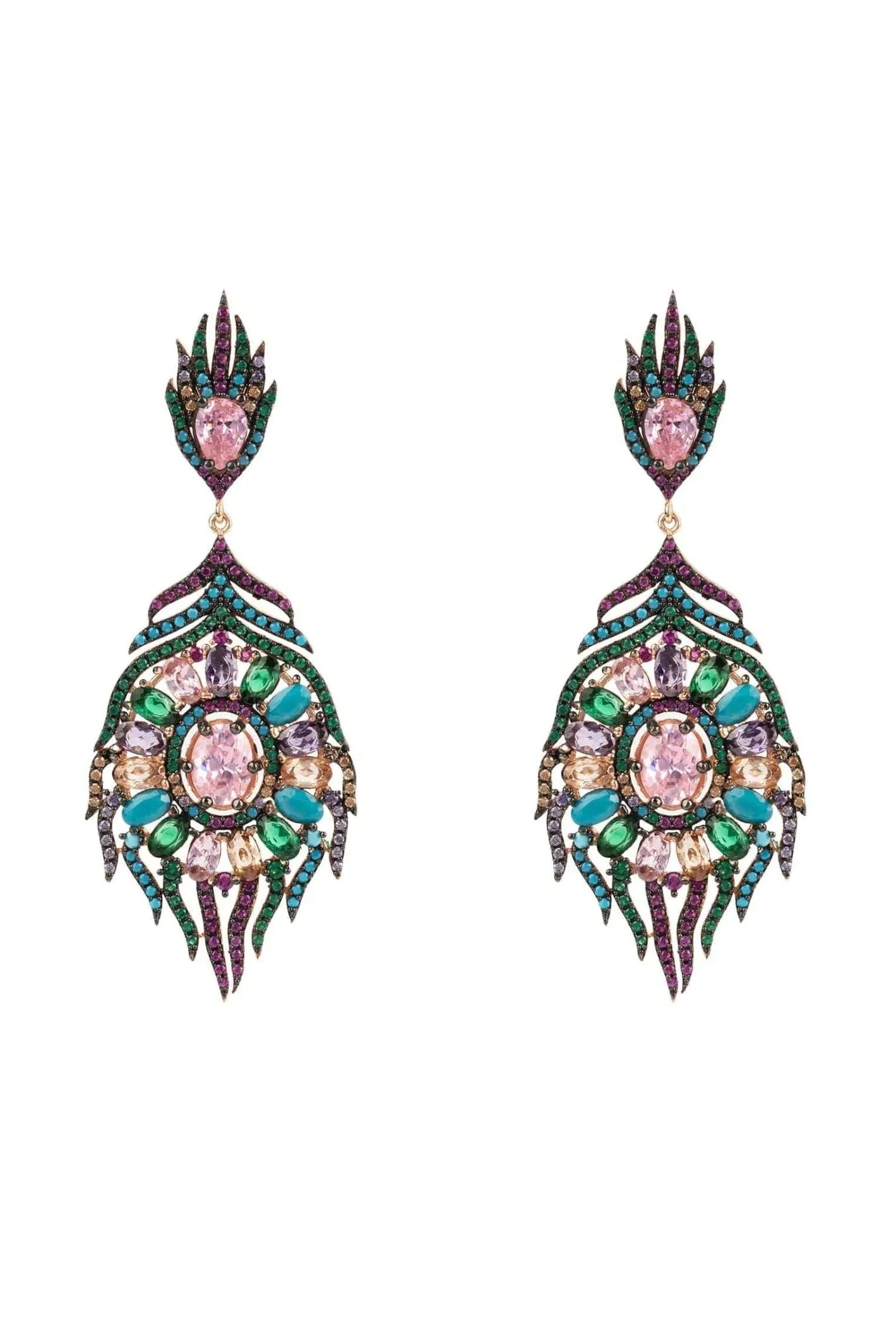Peacock Colourful Feather Gemstone Earrings Rose Gold - LATELITA Earrings