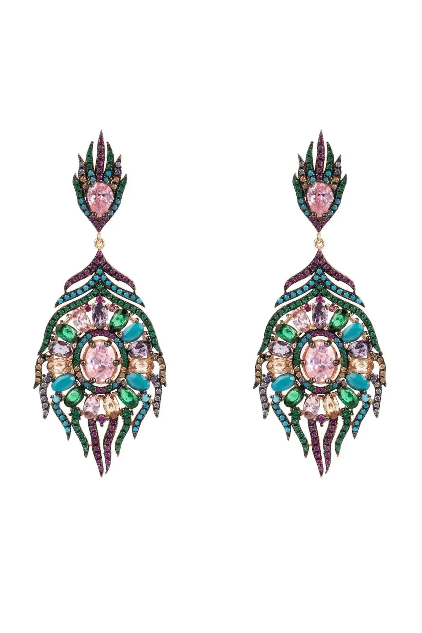 Peacock Colourful Feather Gemstone Earrings Rose Gold - LATELITA Earrings