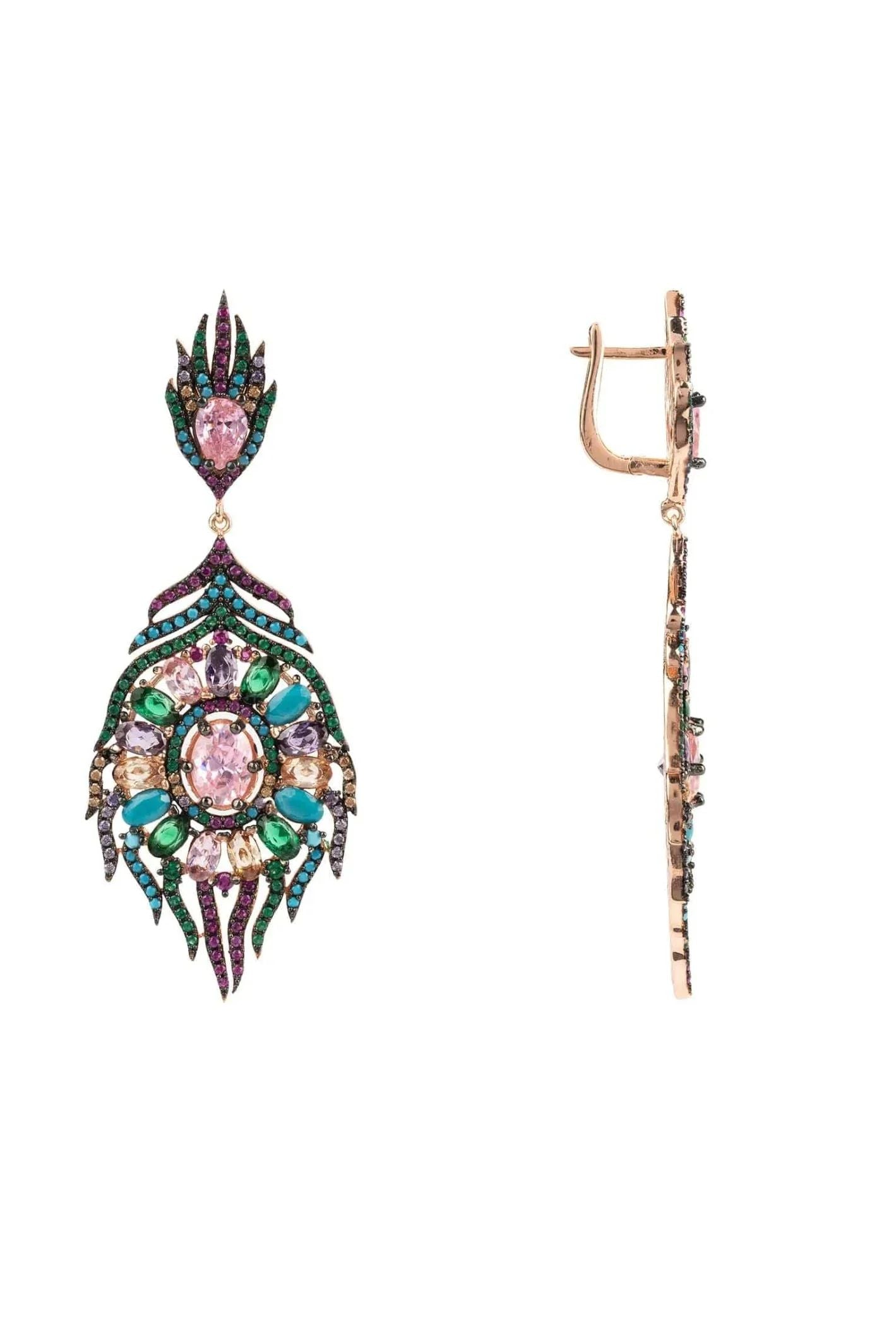 Peacock Colourful Feather Gemstone Earrings Rose Gold - LATELITA Earrings