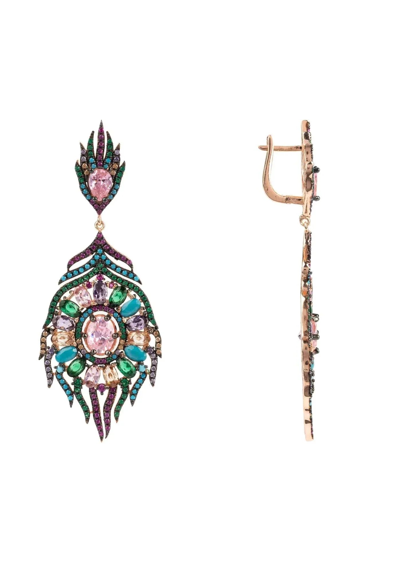 Peacock Colourful Feather Gemstone Earrings Rose Gold - LATELITA Earrings