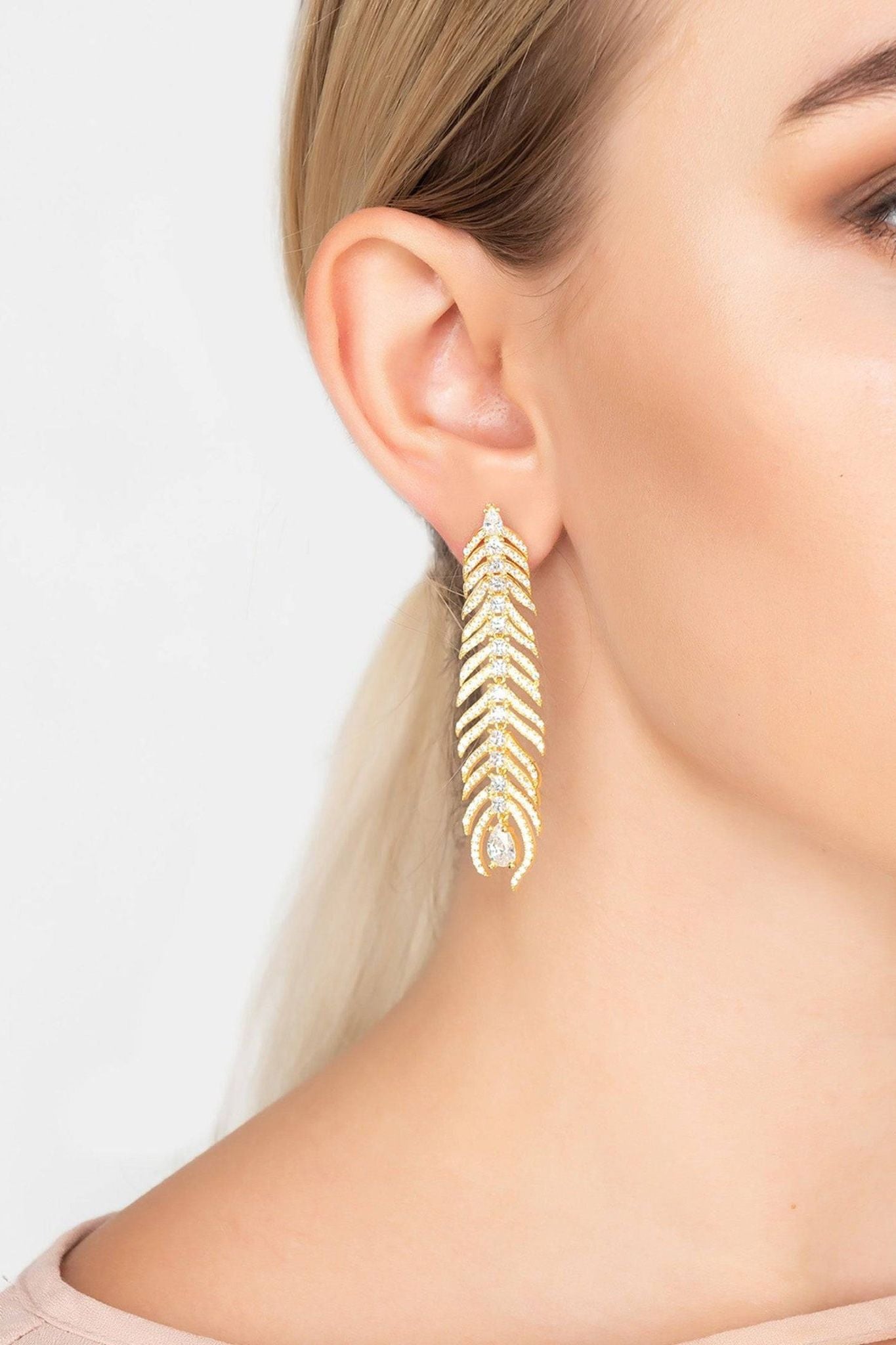 Peacock Feather Elongated Drop Earrings Gold - LATELITA Earrings