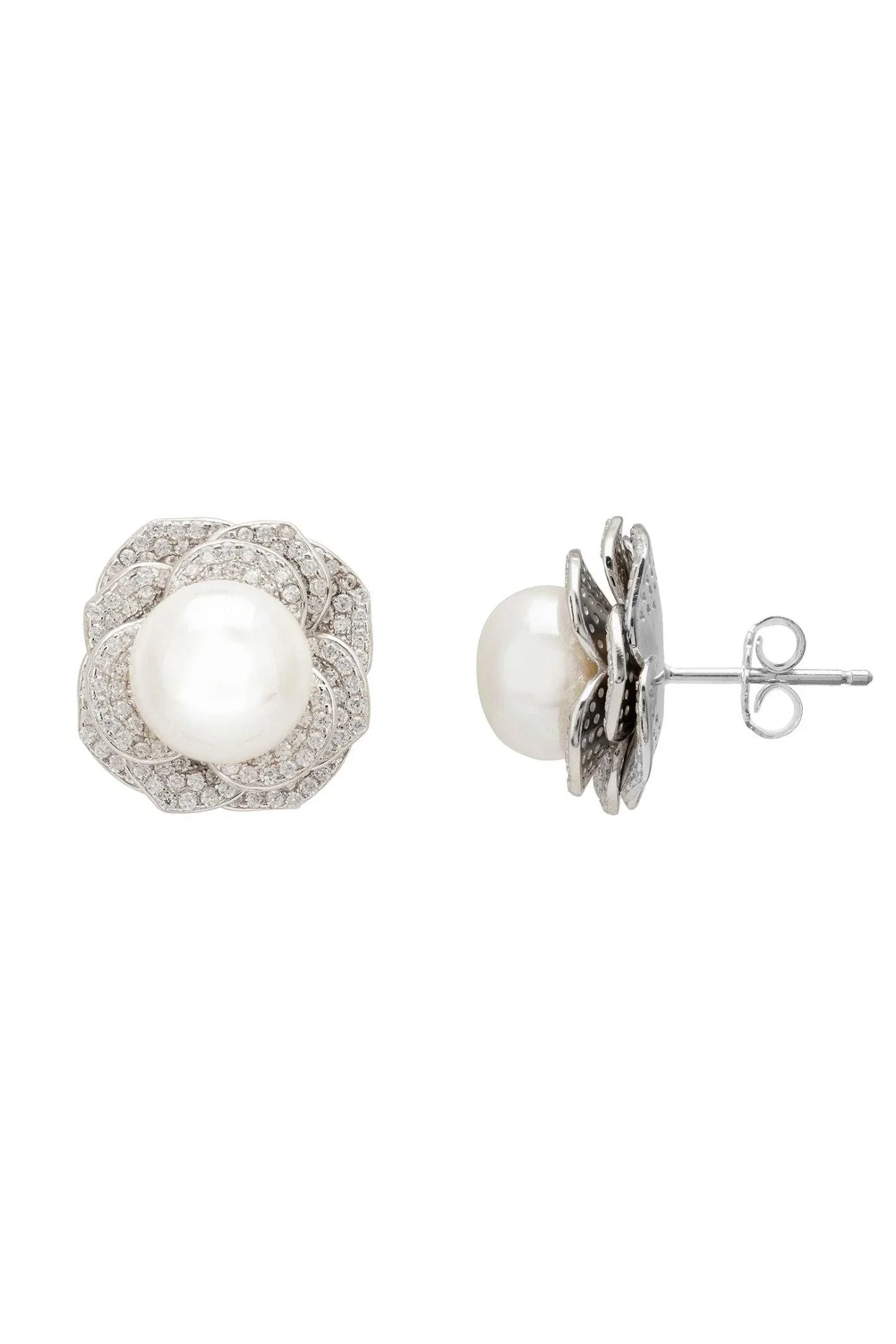 Pearl And Rose Petals Stud Earrings Silver - LATELITA Earrings