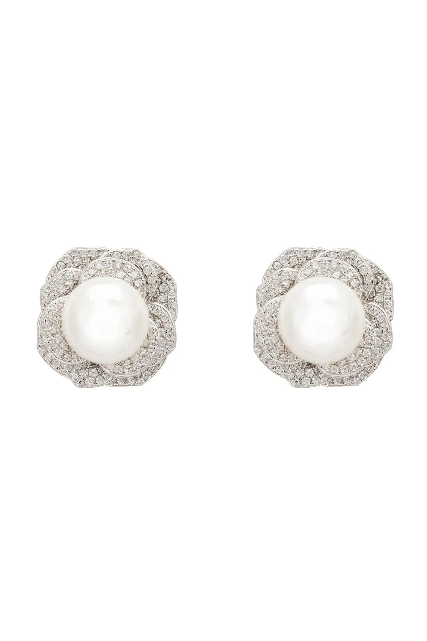 Pearl And Rose Petals Stud Earrings Silver - LATELITA Earrings