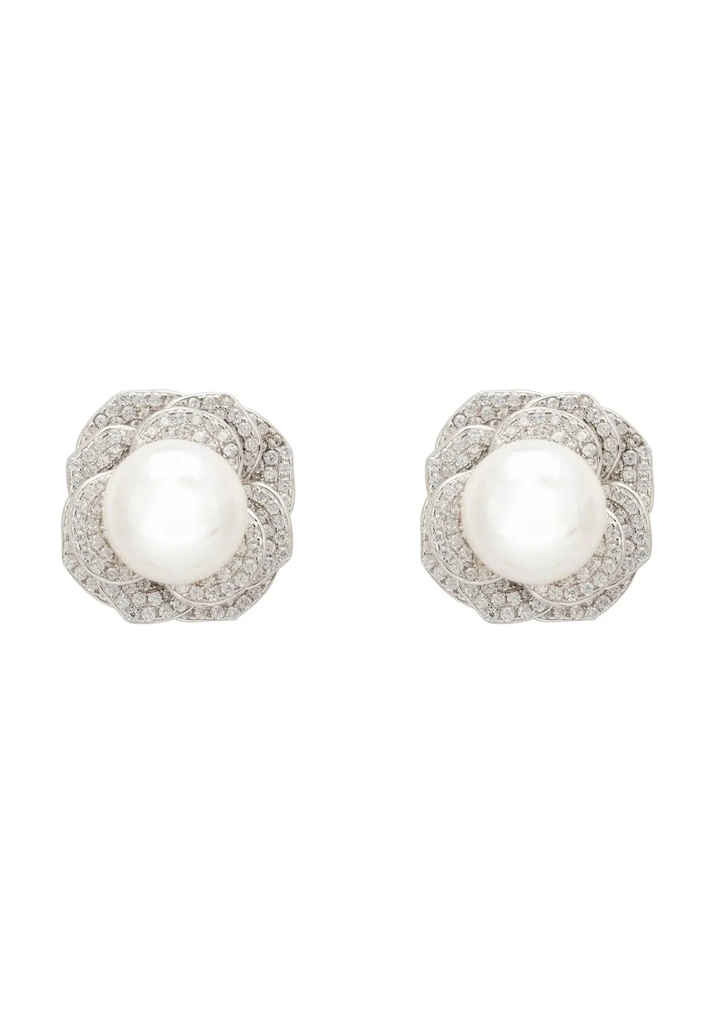 Pearl And Rose Petals Stud Earrings Silver - LATELITA Earrings