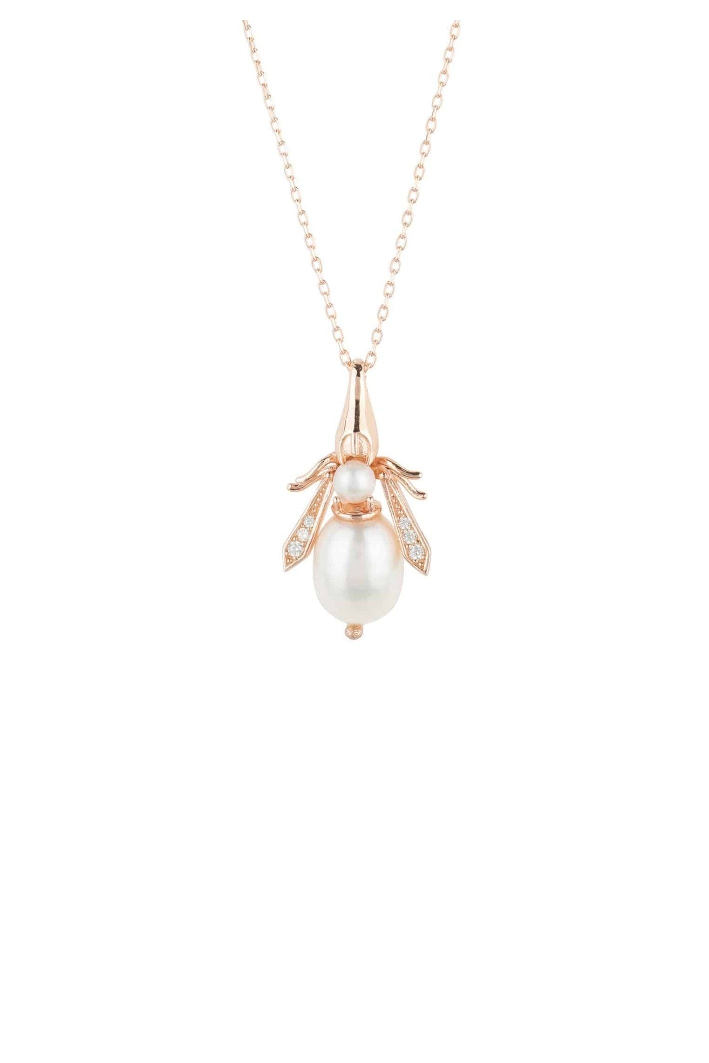 Pearl Gemstone Bee Pendant Necklace Rose Gold - LATELITA Necklaces