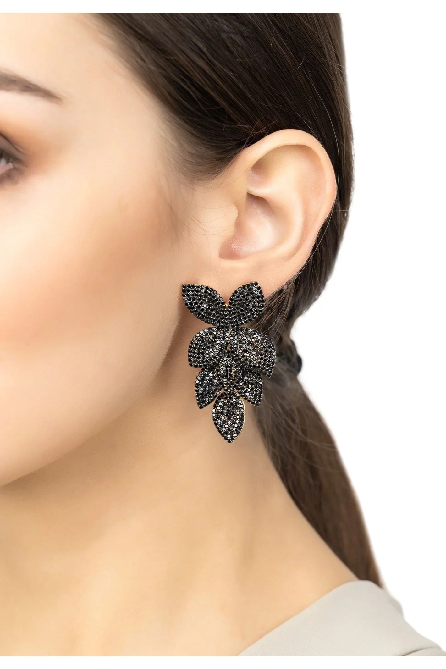Petal Cascading Flower Earrings Gold Black Cz - LATELITA Earrings