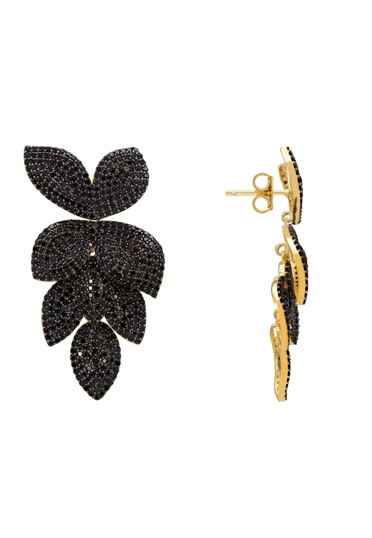 Petal Cascading Flower Earrings Gold Black Cz - LATELITA Earrings