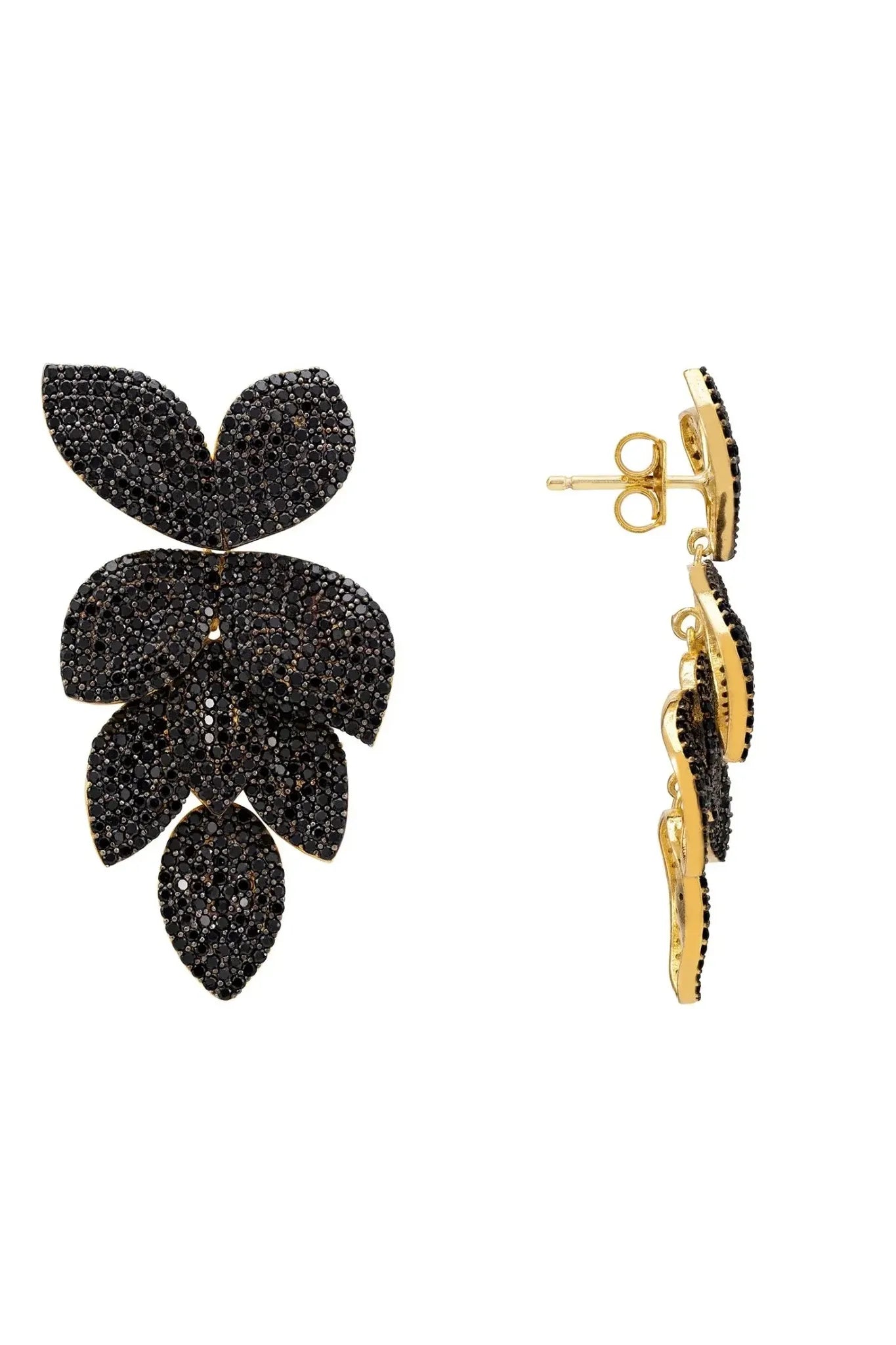 Petal Cascading Flower Earrings Gold Black Cz - LATELITA Earrings