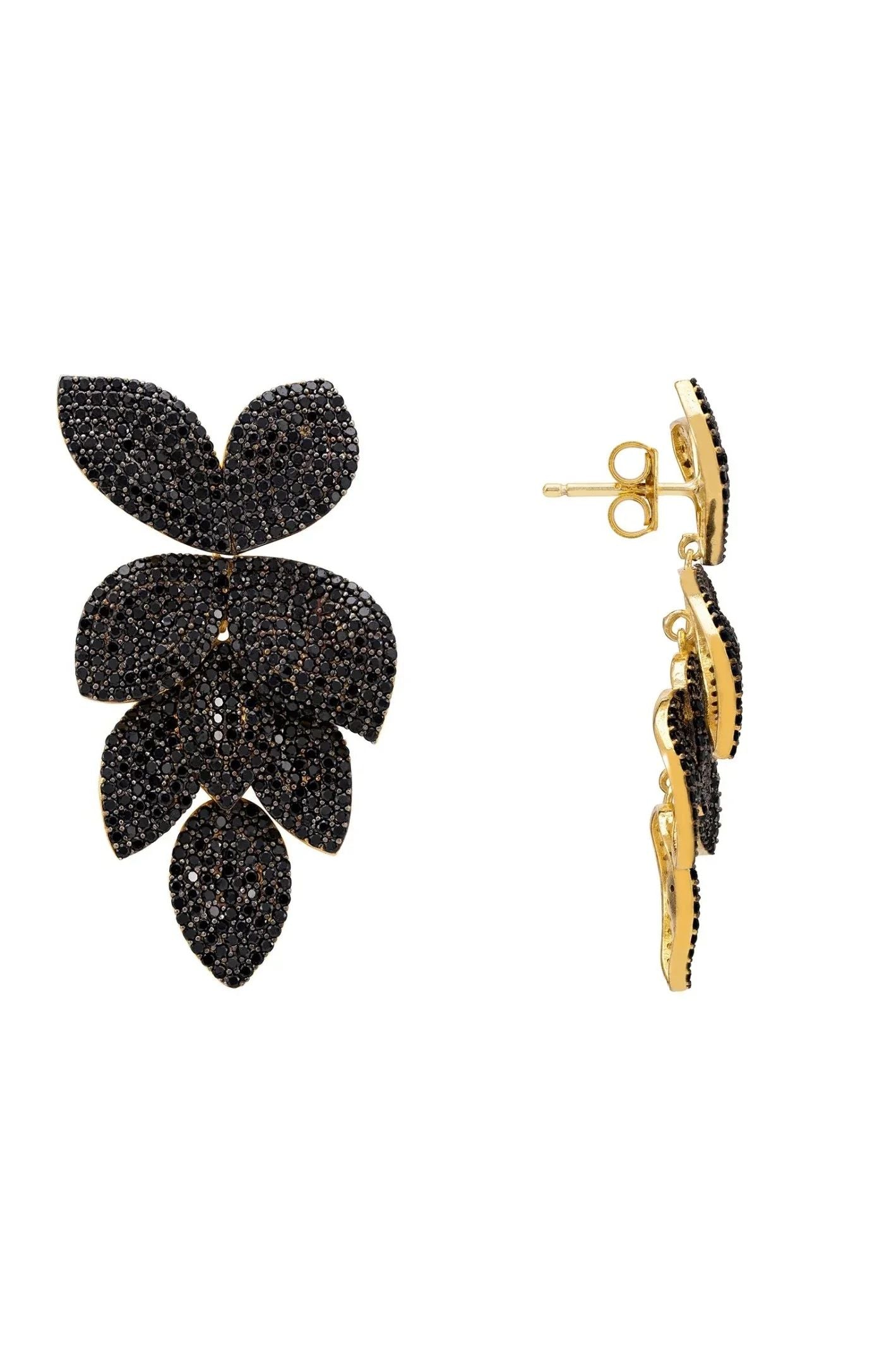 Petal Cascading Flower Earrings Gold Black Cz - LATELITA Earrings