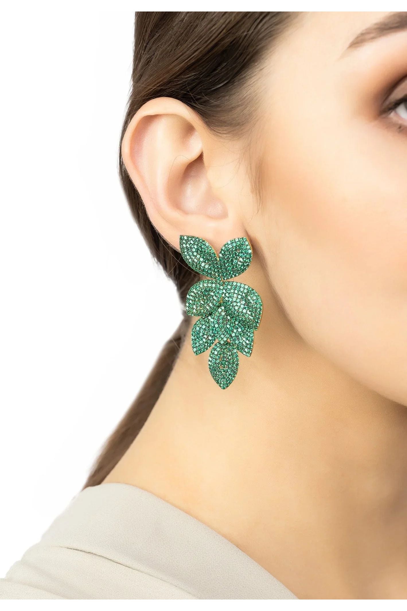 Petal Cascading Flower Earrings Gold Emerald Green - LATELITA Earrings