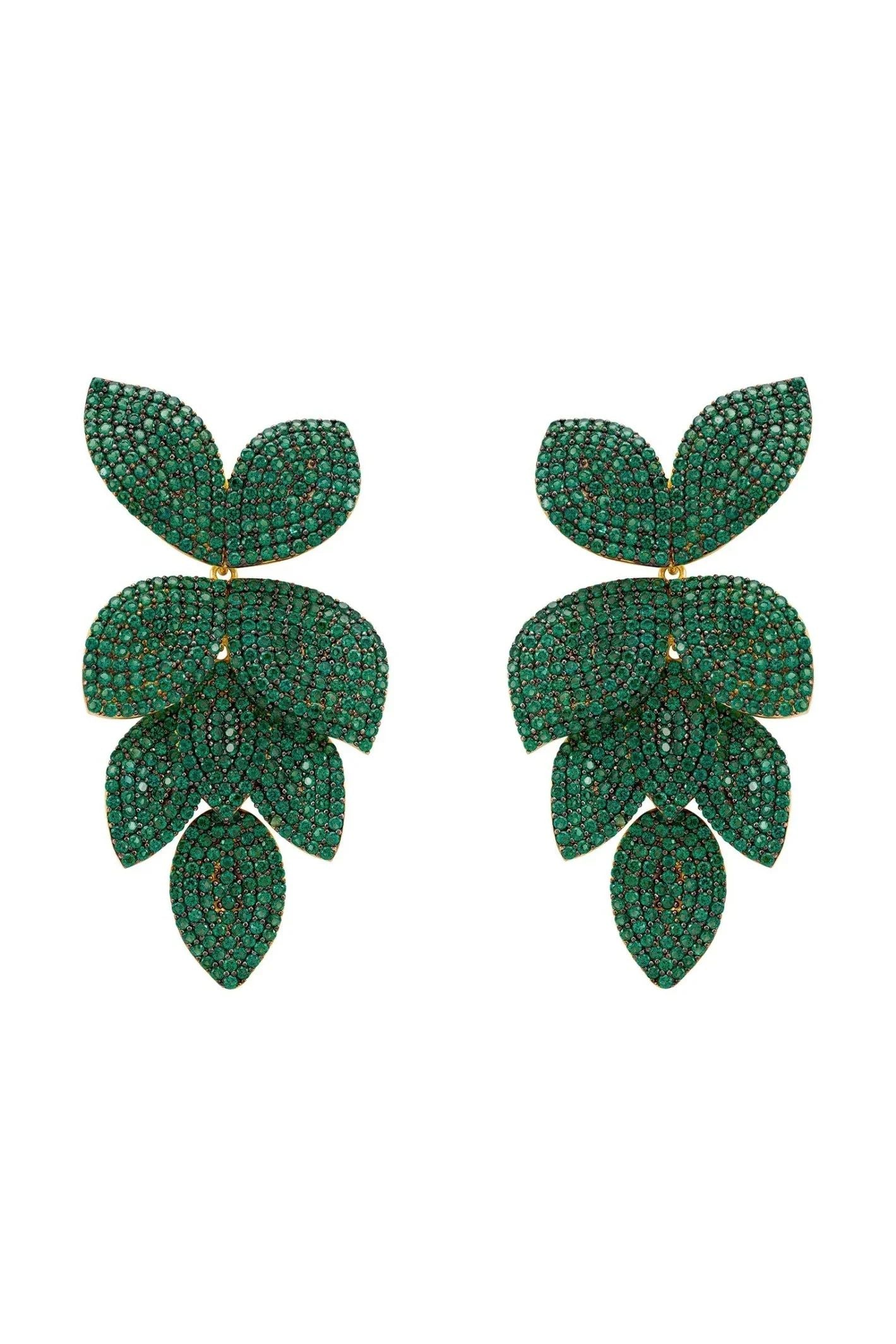 Petal Cascading Flower Earrings Gold Emerald Green - LATELITA Earrings