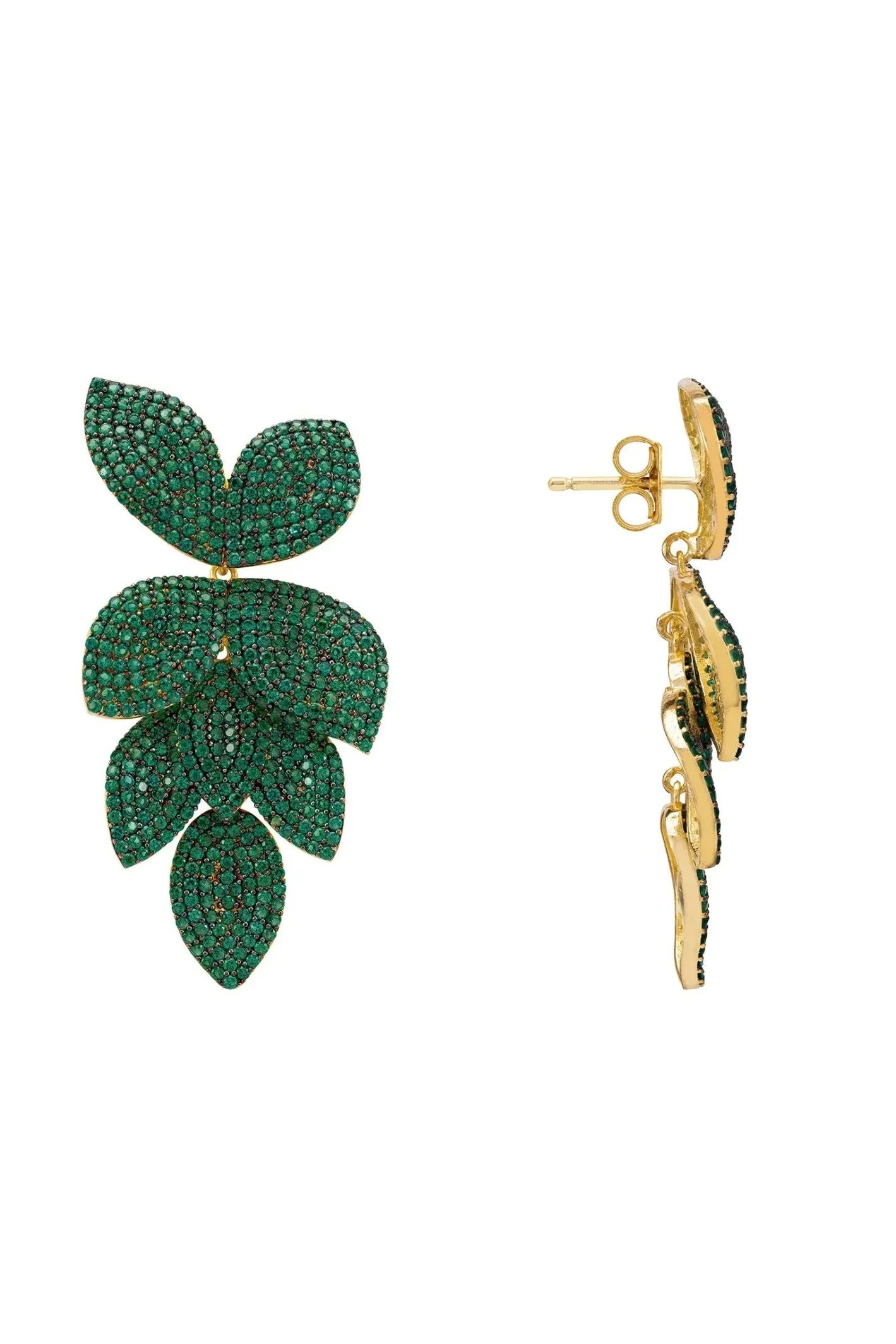 Petal Cascading Flower Earrings Gold Emerald Green - LATELITA Earrings