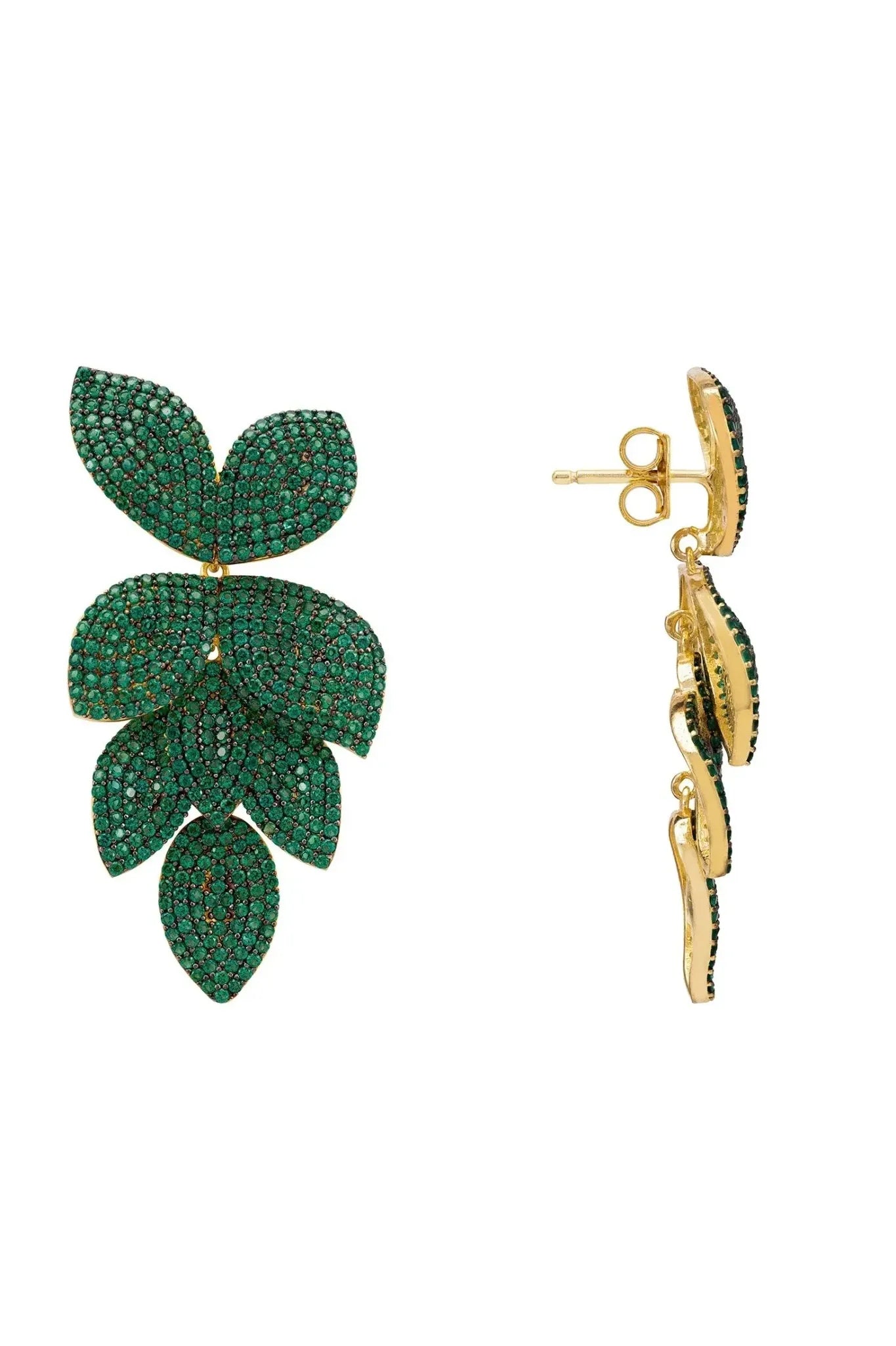 Petal Cascading Flower Earrings Gold Emerald Green - LATELITA Earrings