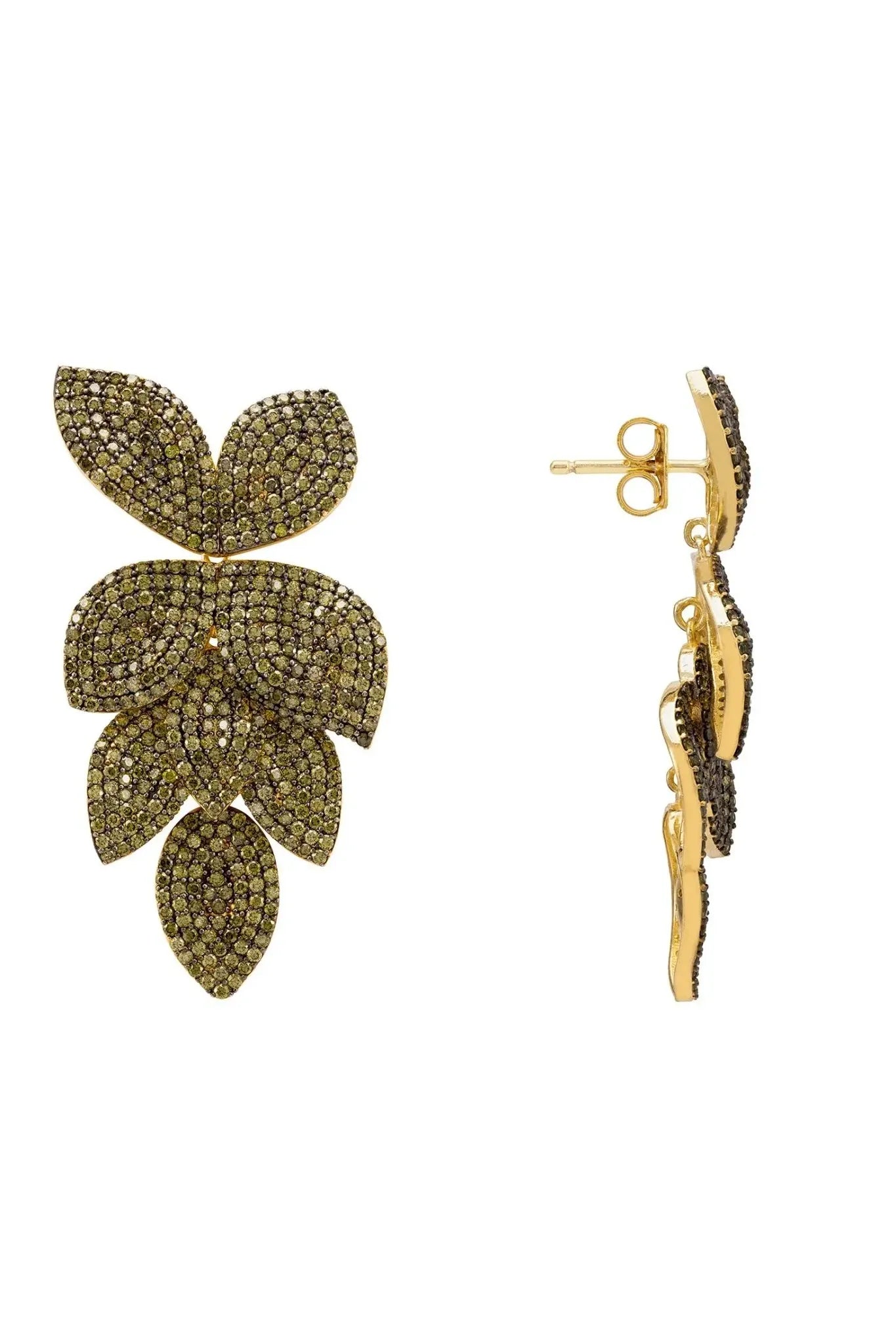 Petal Cascading Flower Earrings Gold Peridot Cz - LATELITA Earrings