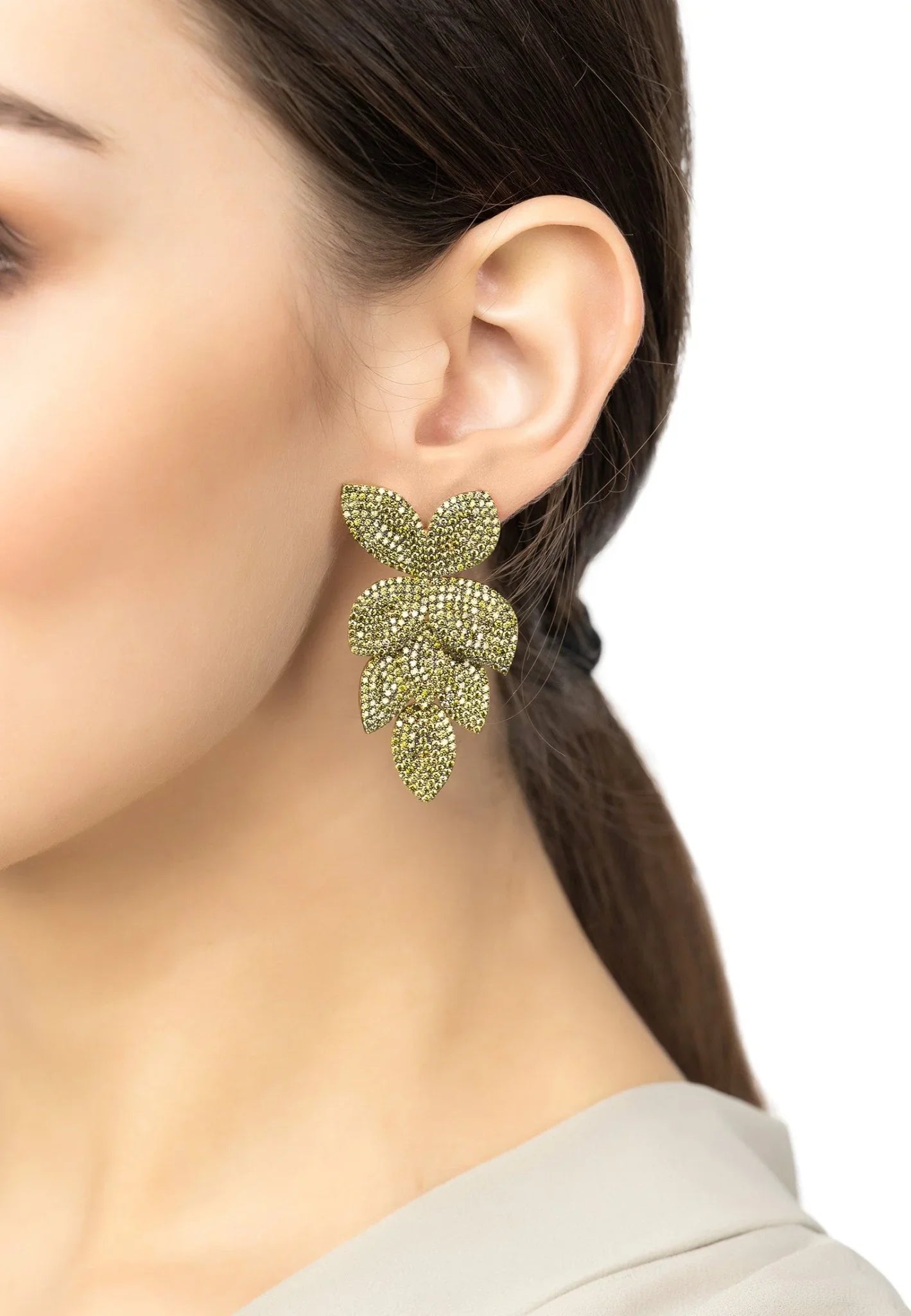 Petal Cascading Flower Earrings Gold Peridot Cz - LATELITA Earrings
