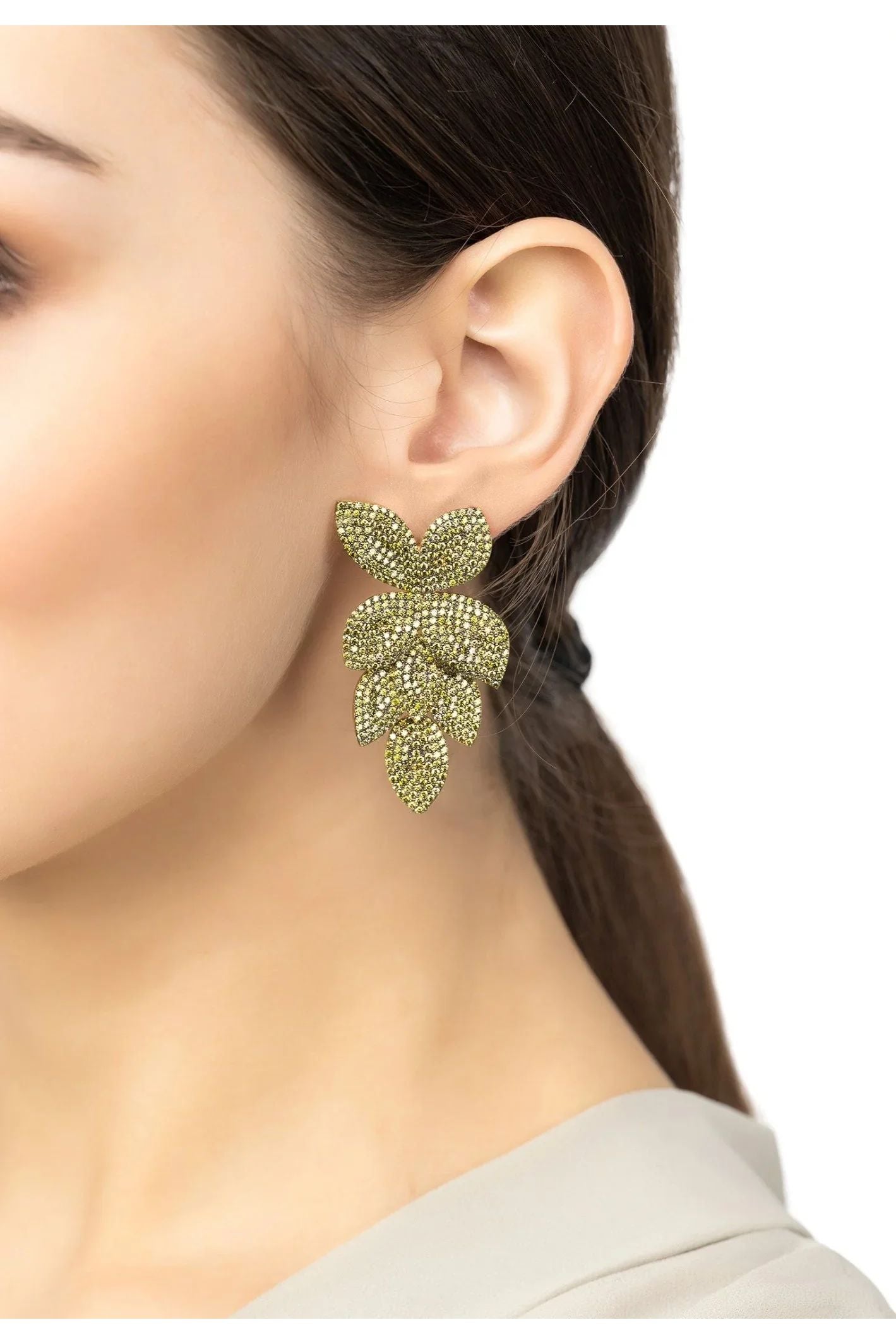 Petal Cascading Flower Earrings Gold Peridot Cz - LATELITA Earrings
