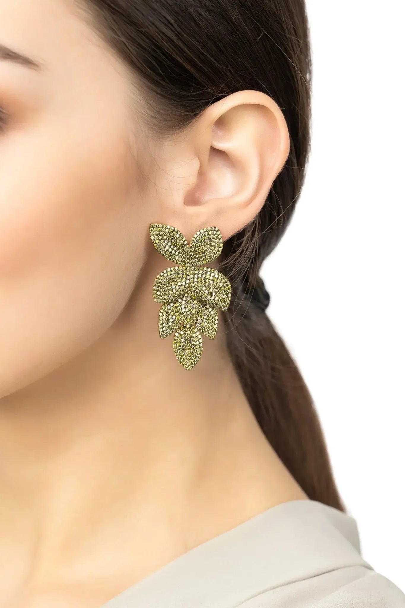 Petal Cascading Flower Earrings Gold Peridot Cz - LATELITA Earrings