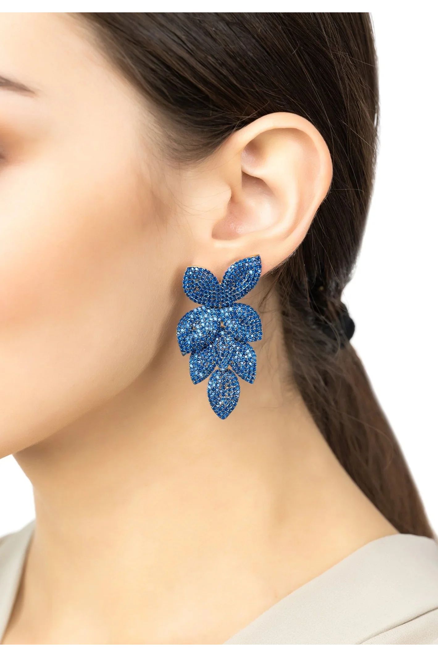 Petal Cascading Flower Earrings Gold Sapphire Cz - LATELITA Earrings