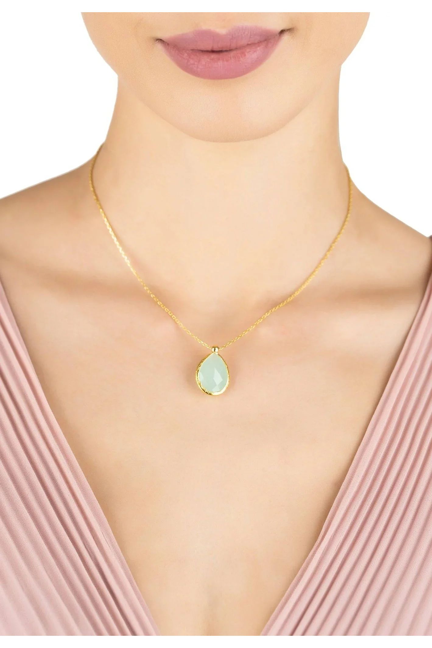 Petite Drop Necklace Gold Aqua Chalcedony - LATELITA Necklaces