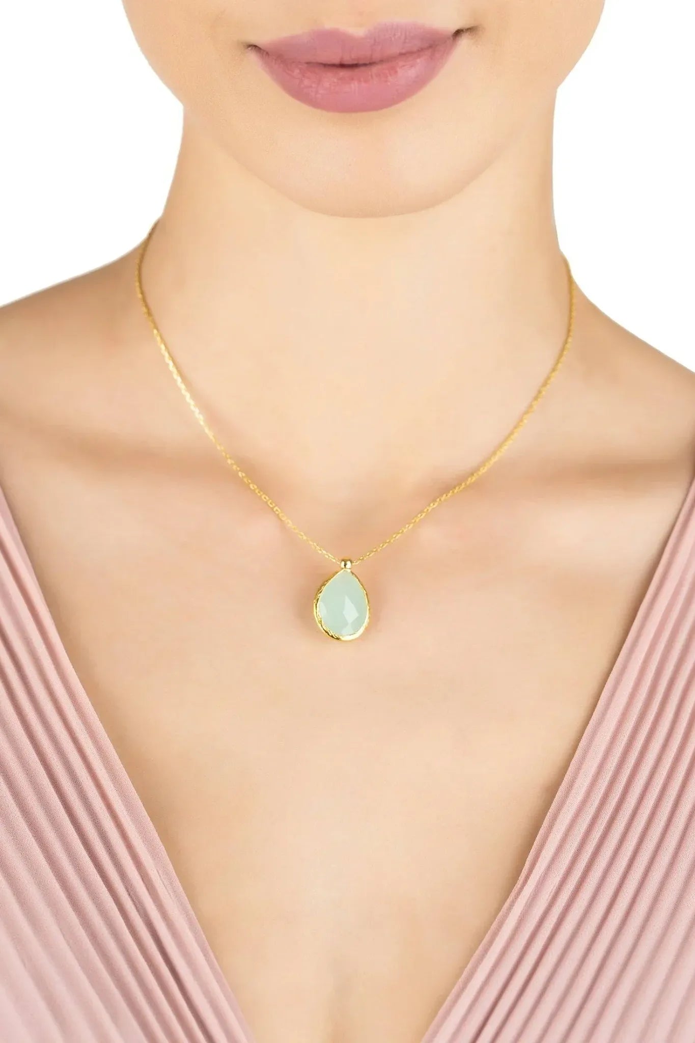 Petite Drop Necklace Gold Aqua Chalcedony - LATELITA Necklaces