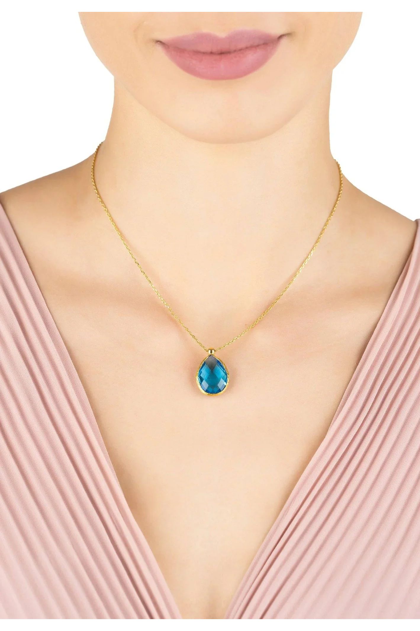 Petite Drop Necklace Gold Blue Topaz Hydro - LATELITA Necklaces