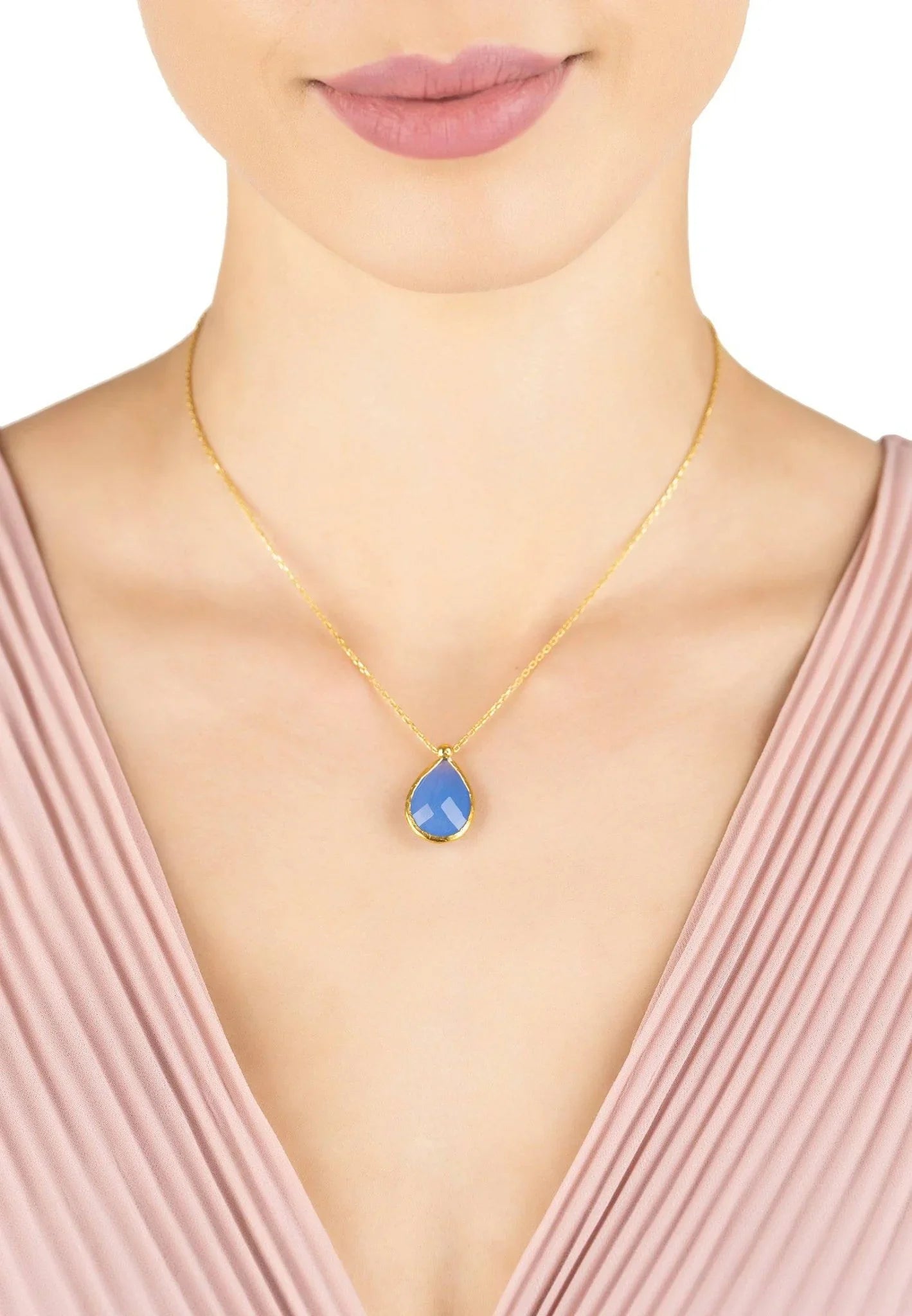 Petite Drop Necklace Gold Dark Blue Chalcedony - LATELITA Necklaces