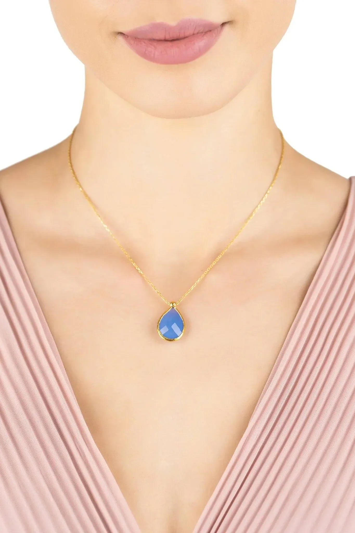 Petite Drop Necklace Gold Dark Blue Chalcedony - LATELITA Necklaces