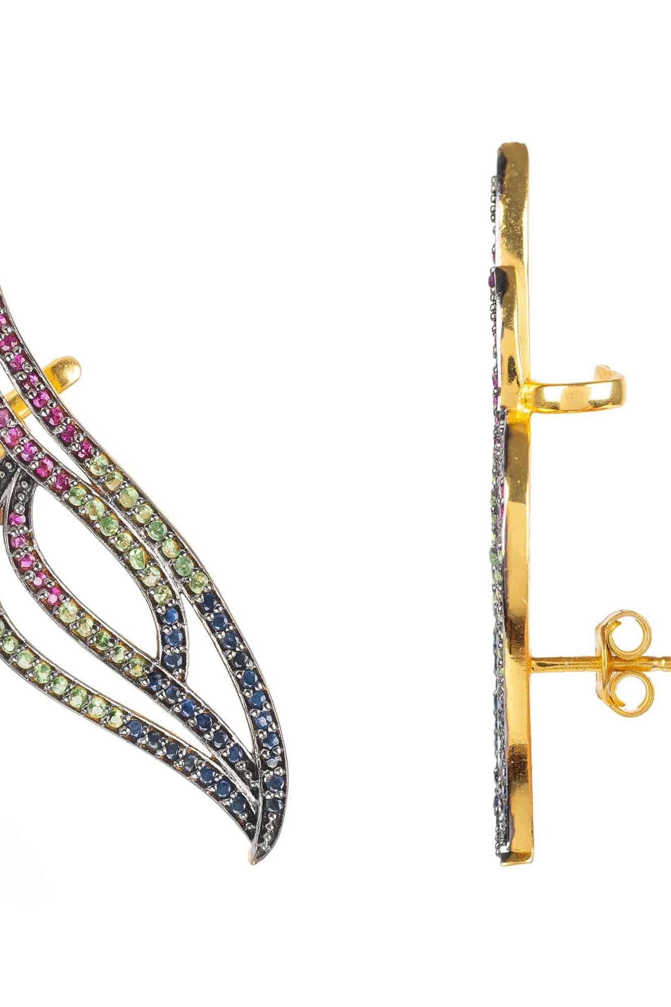 Phoenix Ear Climber Ruby Sapphire Tsavorite Gold - LATELITA Earrings