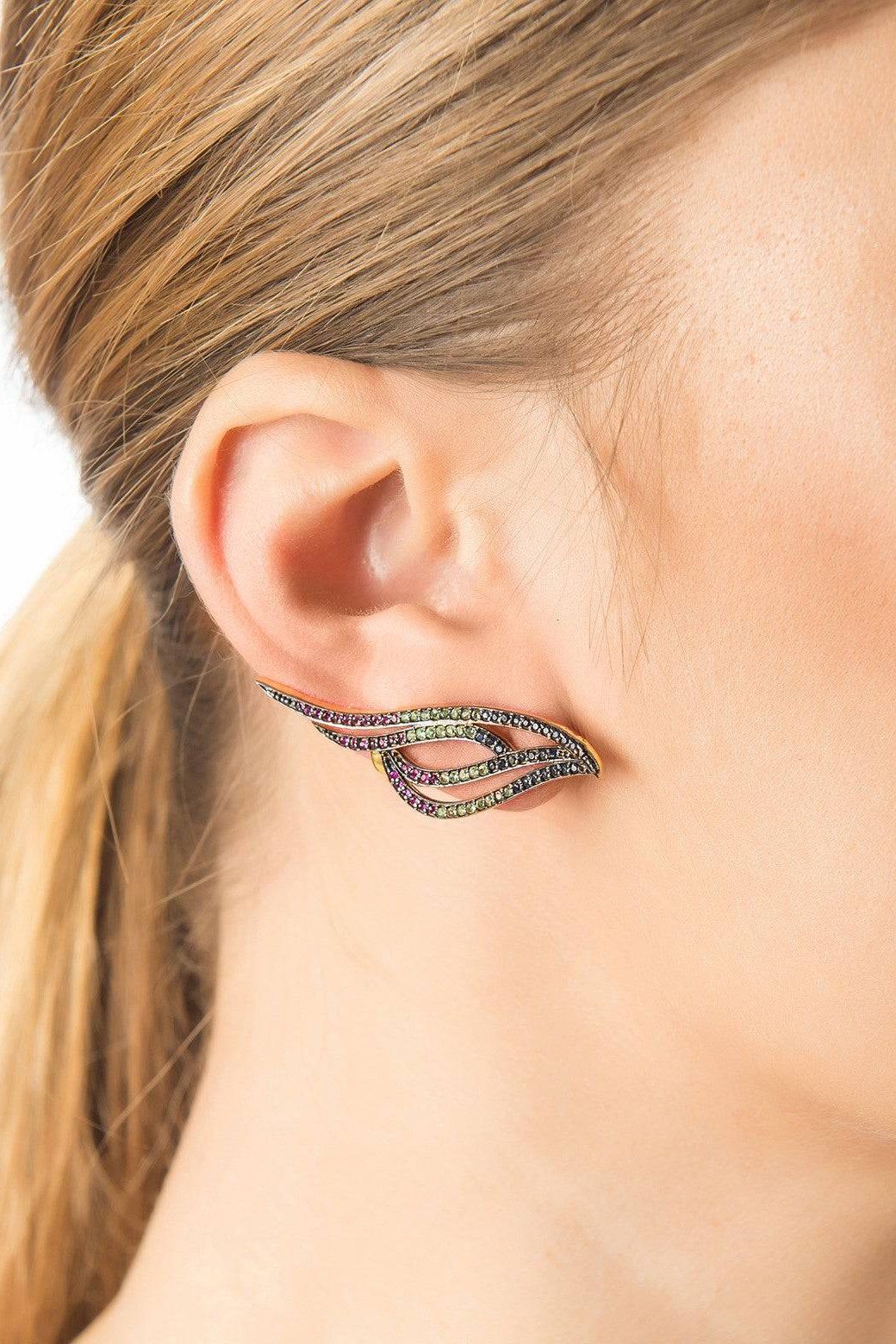 Phoenix Ear Climber Ruby Sapphire Tsavorite Gold - LATELITA Earrings