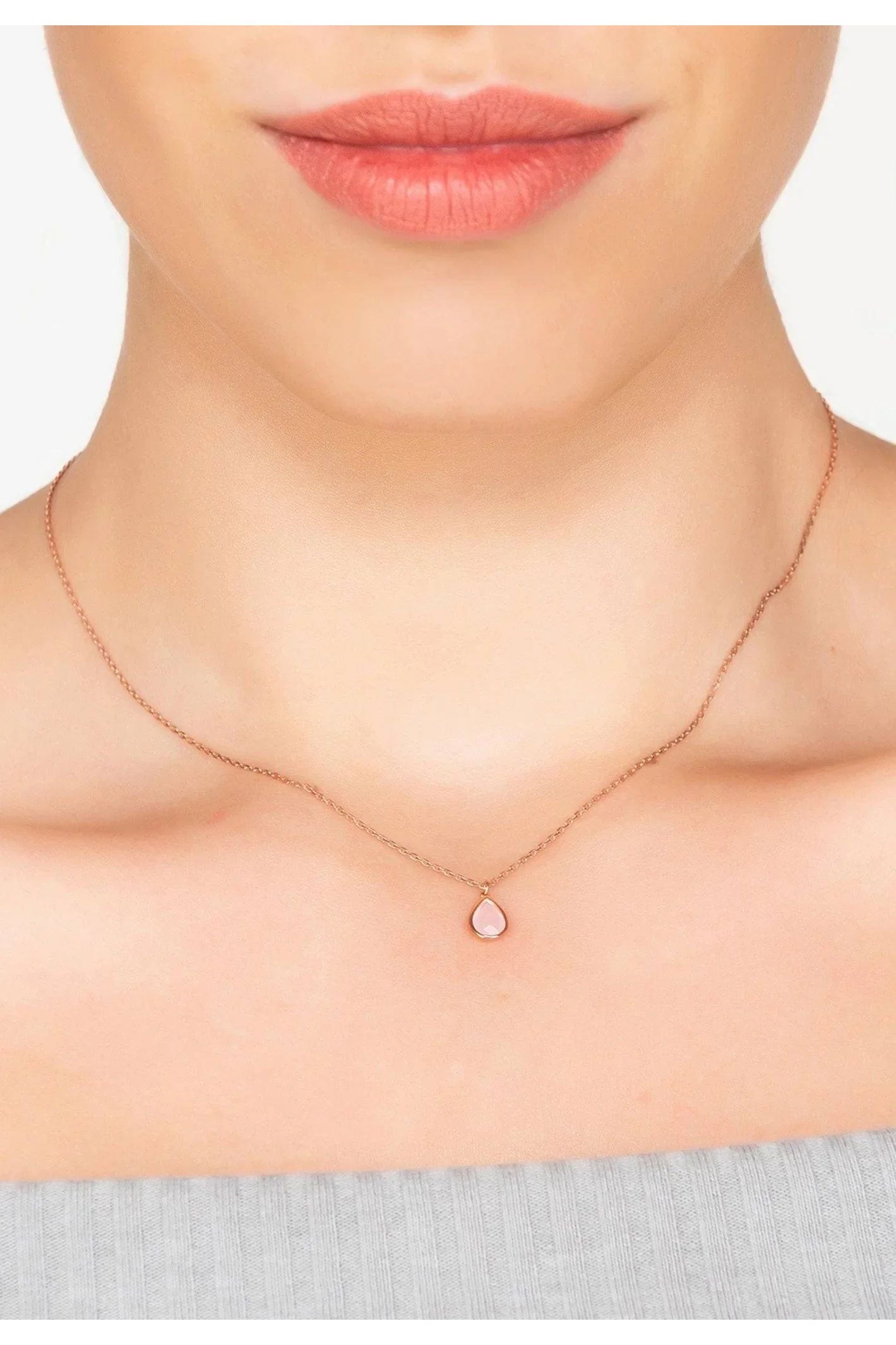 Pisa Mini Teardrop Necklace Rosegold Rose Quartz - LATELITA Necklaces