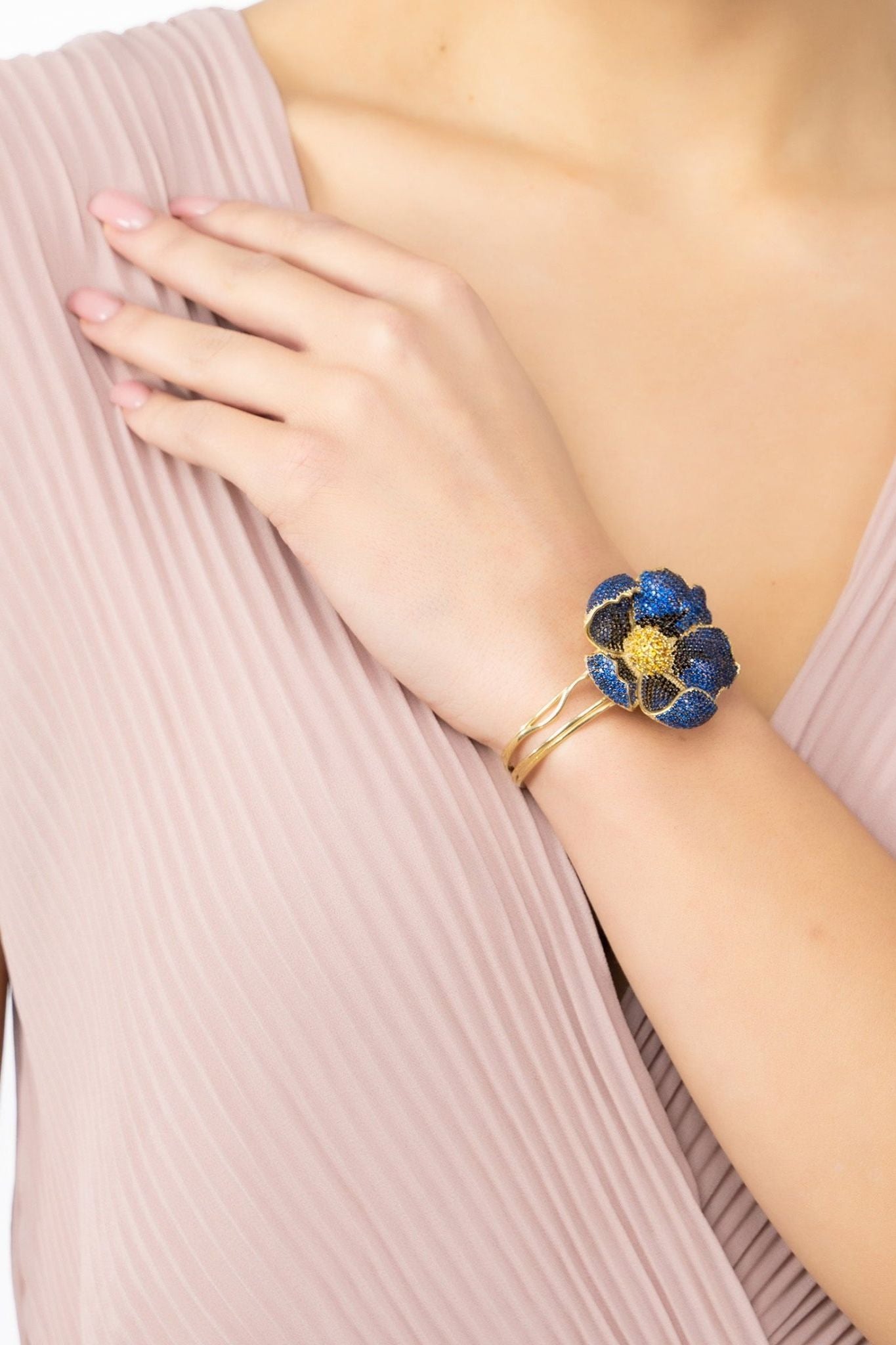 Poppy Bangle Cuff Bracelet Gold Sapphire Blue Cz - LATELITA Bracelets