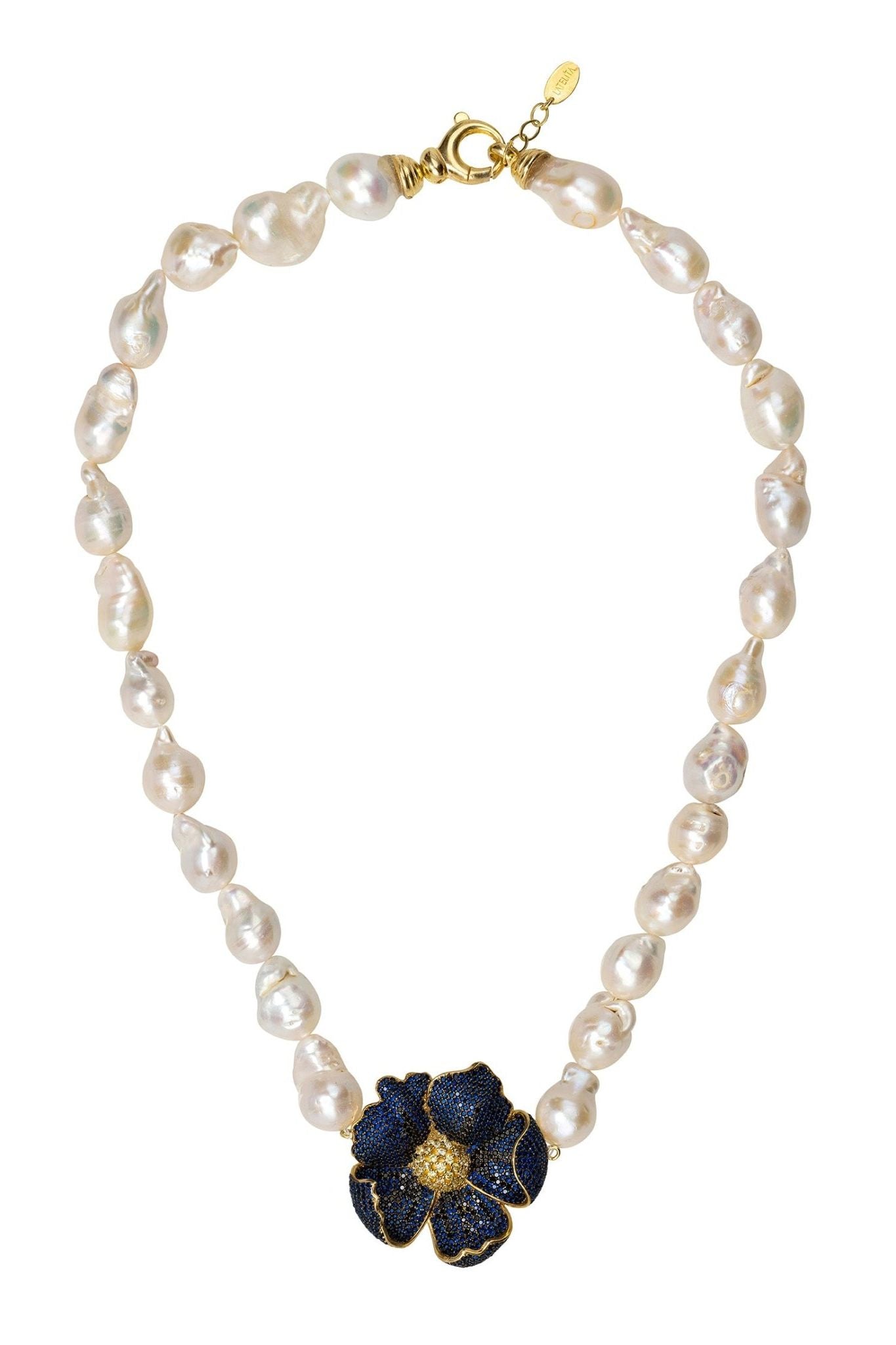 Poppy Flower Baroque Pearl Necklace Sapphire Blue Gold - LATELITA Necklaces