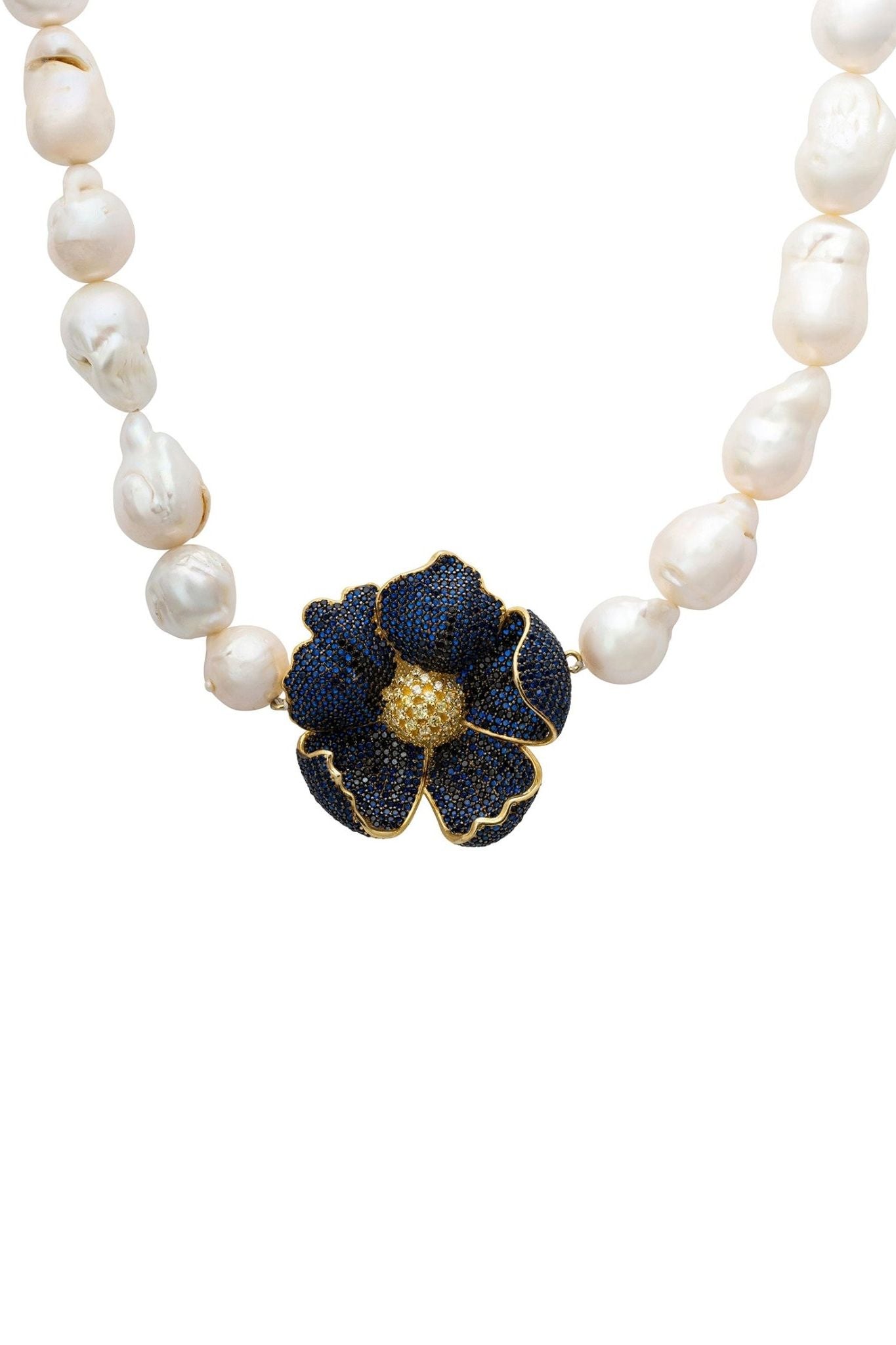 Poppy Flower Baroque Pearl Necklace Sapphire Blue Gold - LATELITA Necklaces