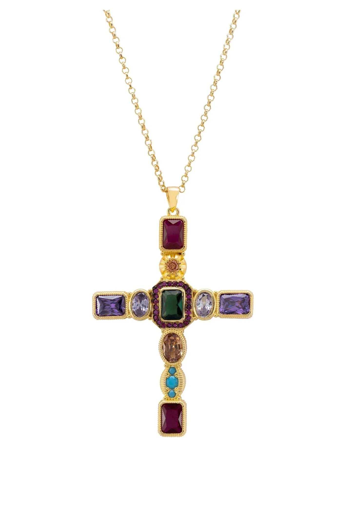 Santa Maria Extra Large Gemstone Cross Pendant Gold - LATELITA Necklaces