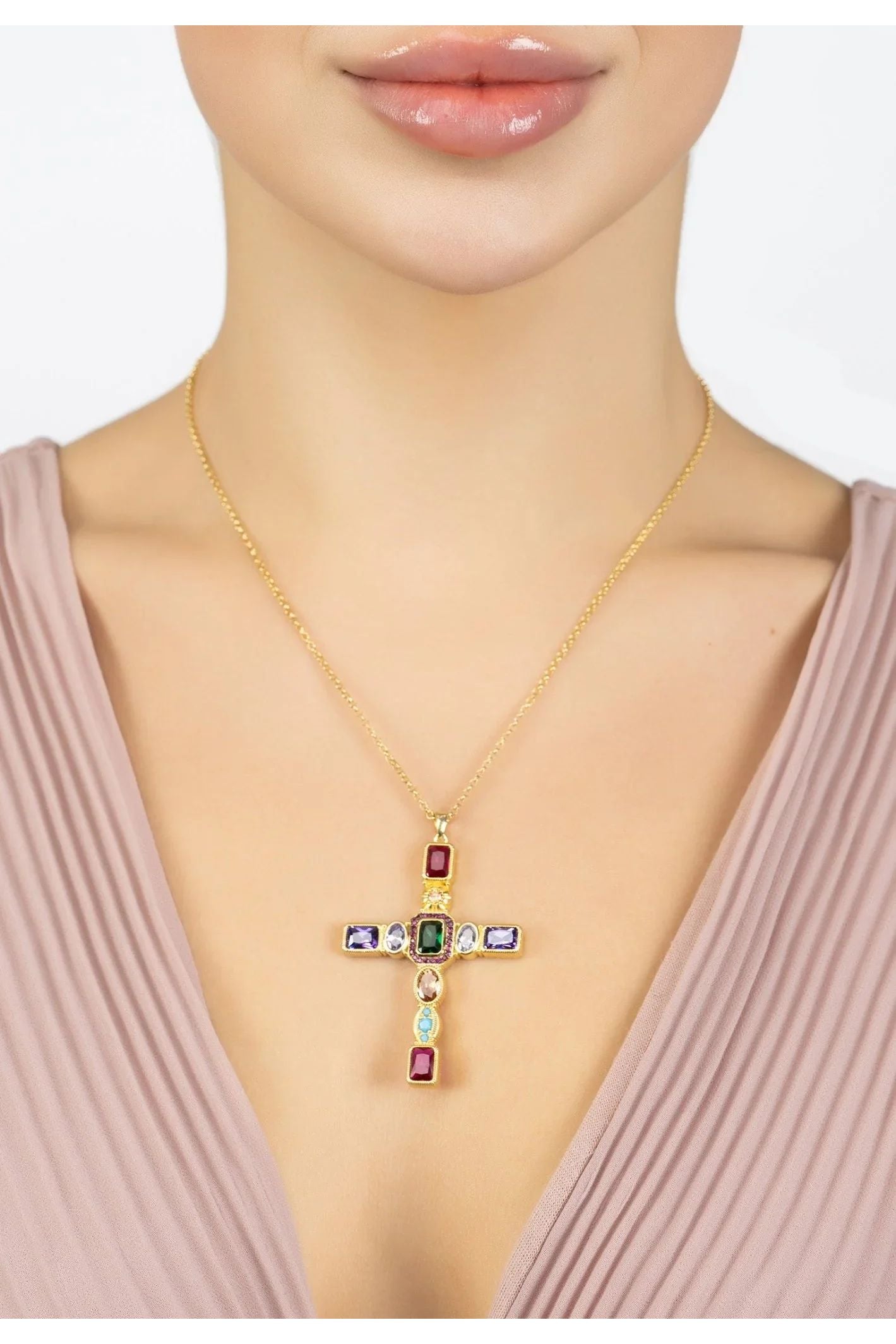 Santa Maria Extra Large Gemstone Cross Pendant Gold - LATELITA Necklaces