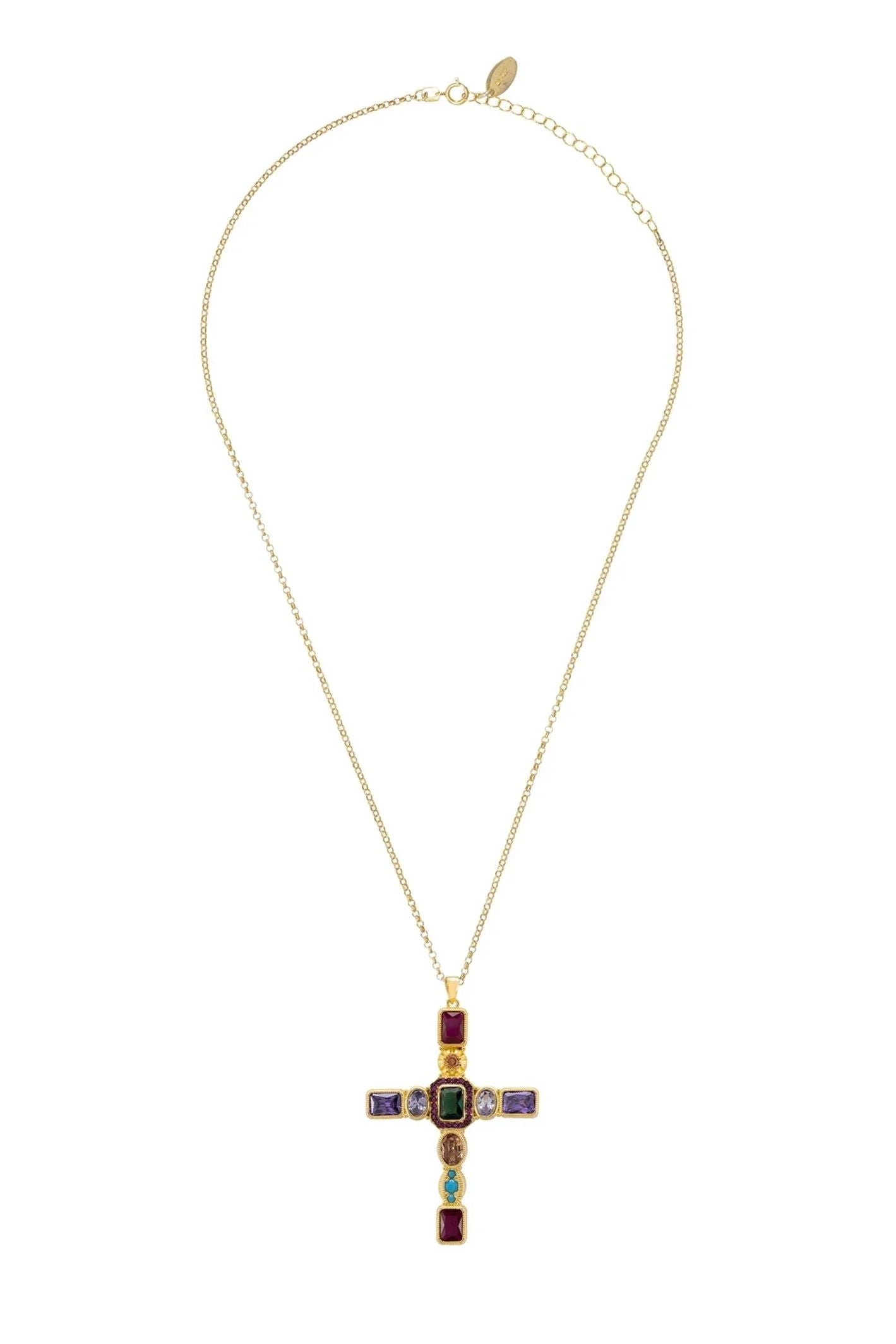 Santa Maria Extra Large Gemstone Cross Pendant Gold - LATELITA Necklaces