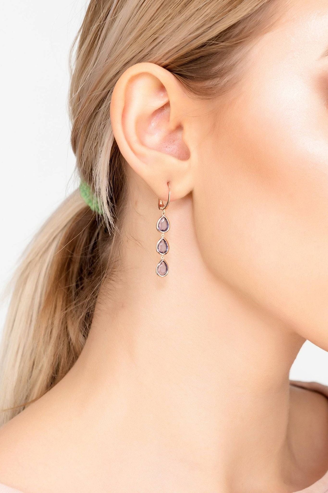 Sorrento Triple Drop Earrings Rosegold Amethyst - LATELITA Earrings