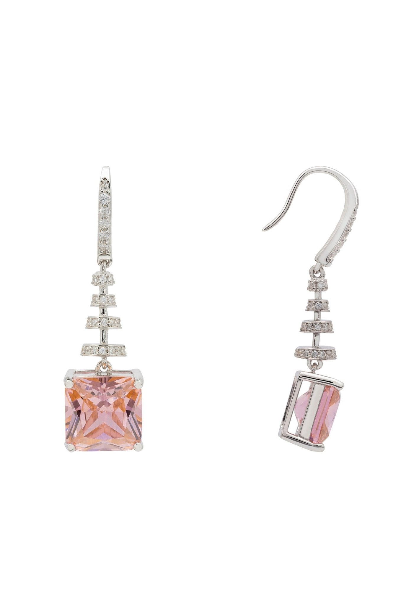 Spiral Square Crystal Drop Earrings Morganite Pink Silver - LATELITA Earrings